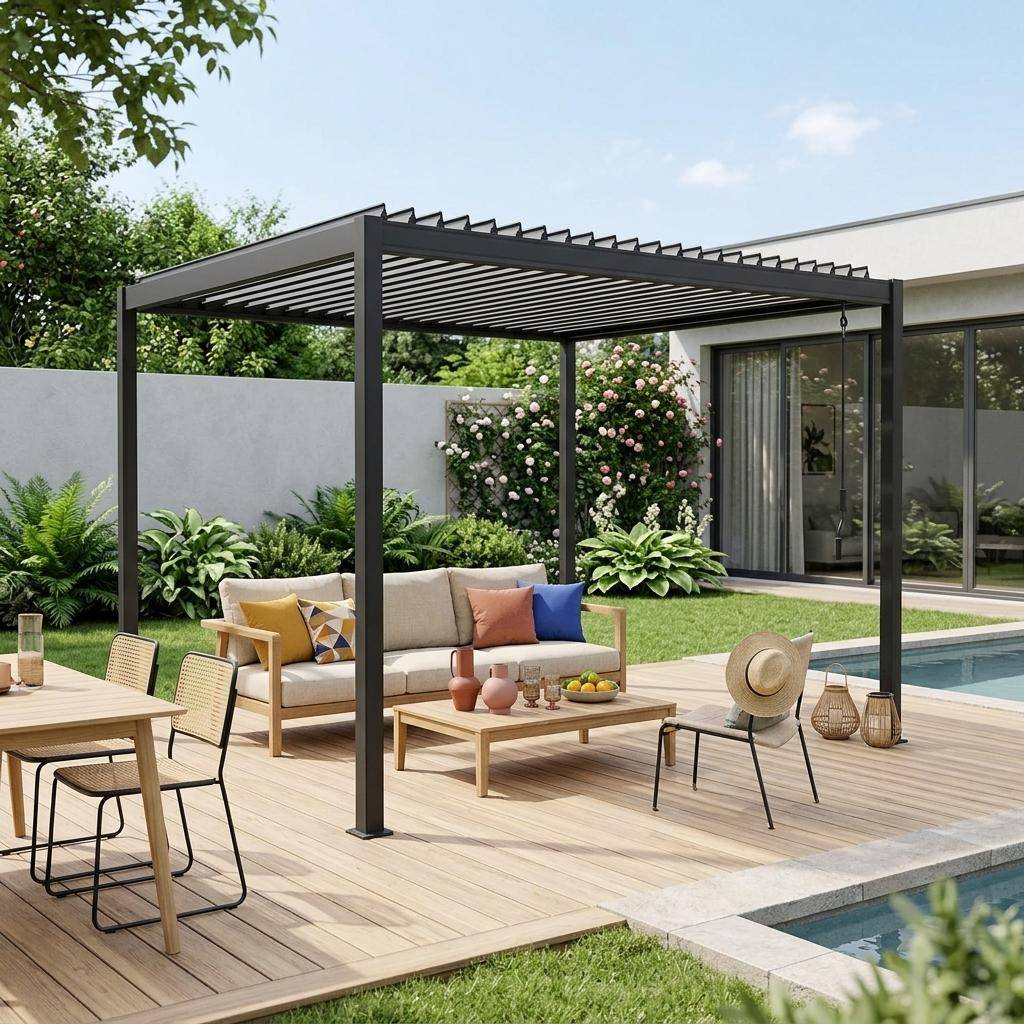 Pergola bioklimatyczna antracyt aluminium i stal regulowane lamele 3x3m Flash Photo1