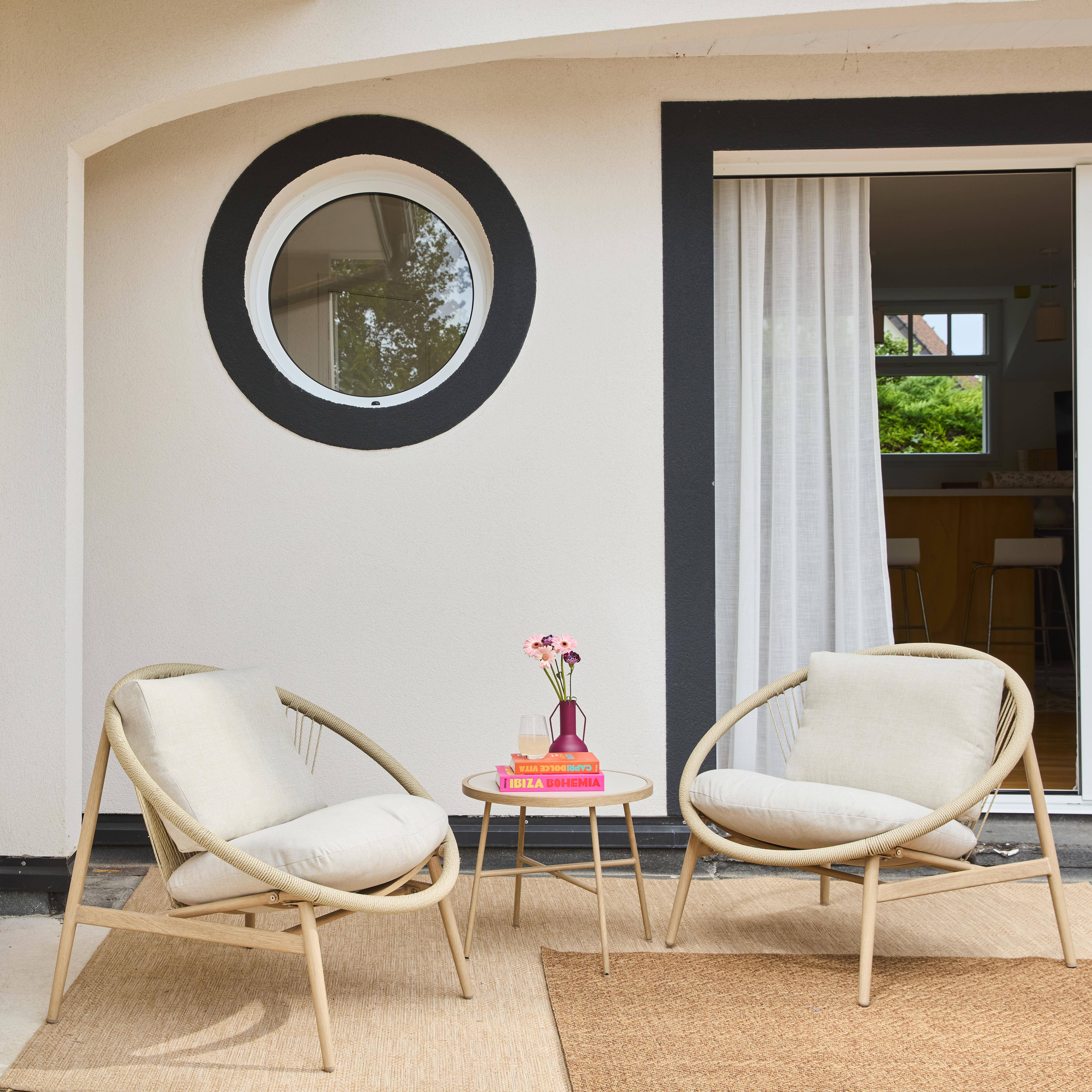 2er-Set Gartensessel mit Tisch, aus Stahl und Rattan, beige, 79 x 92 x 79 cm - Narola,sweeek,Photo2