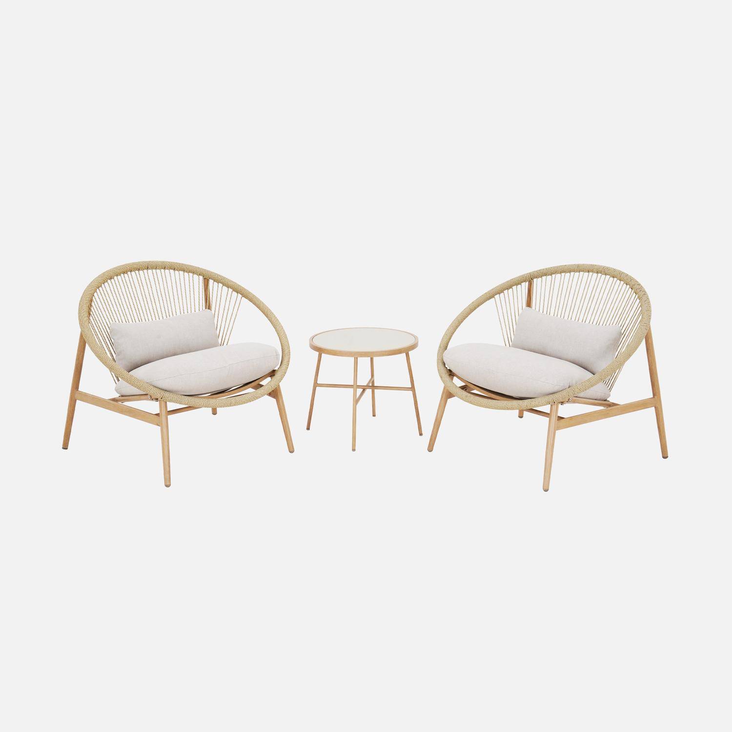 Cojunto de jardín con 2 sillones ratán y mesa de acero, 2 plazas, Narola, Beige, 92x80x75 cm Photo1