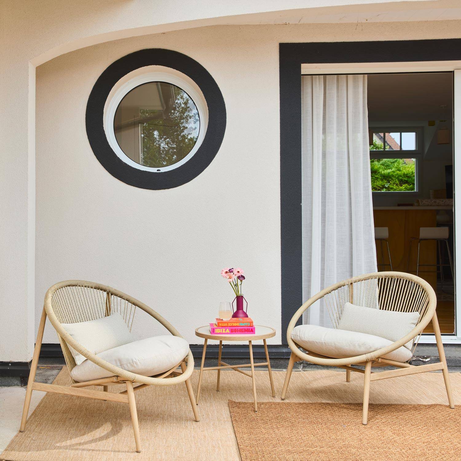 Set de 2 fauteuils de jardin avec table acier et rotin beige, 79x92x79cm - Narola,sweeek,Photo1