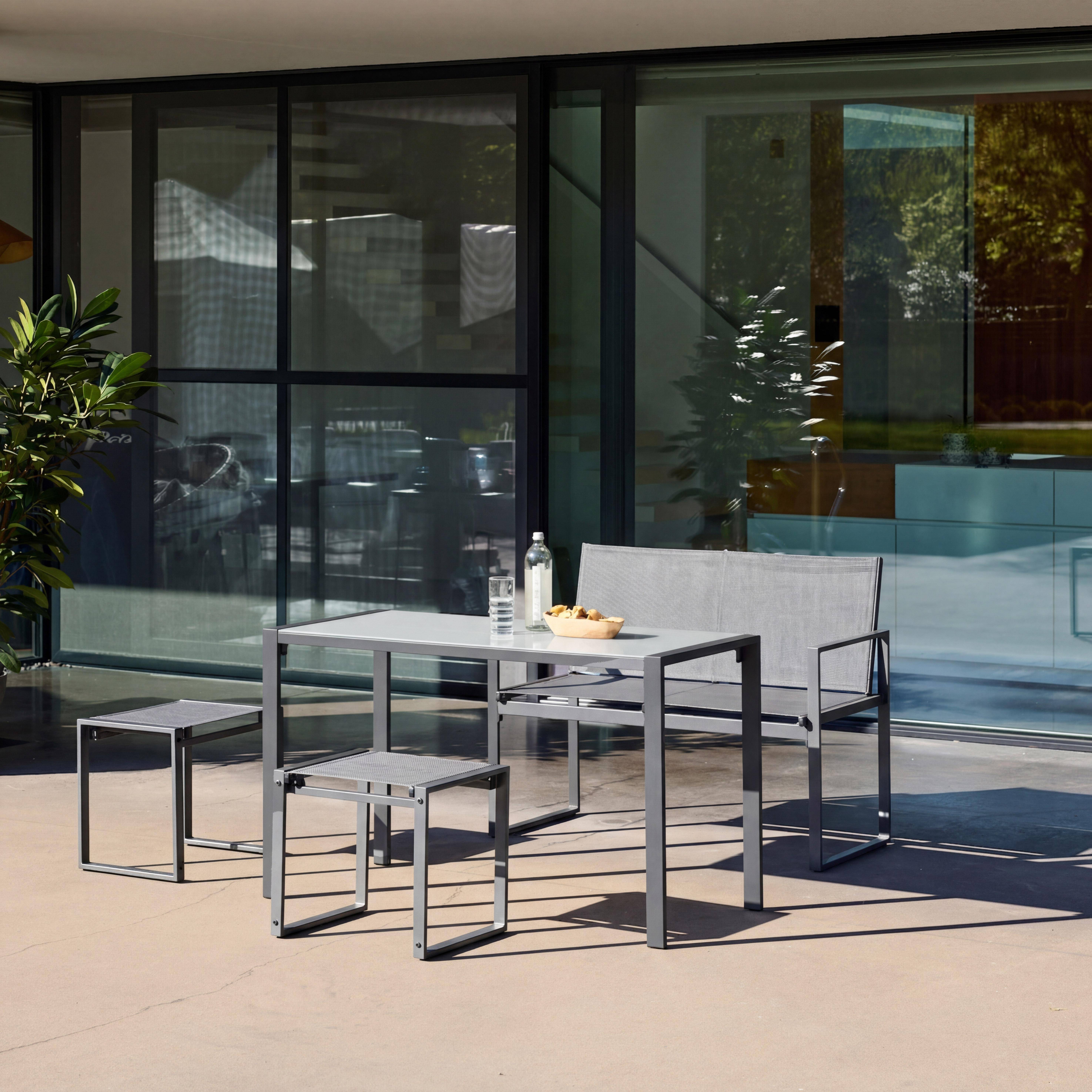 Verschachtelbare Garten-Essgruppe aus Stahl und Textilene anthrazit - Tisch 125 cm + 4 Sitze - Tavena,sweeek,Photo2