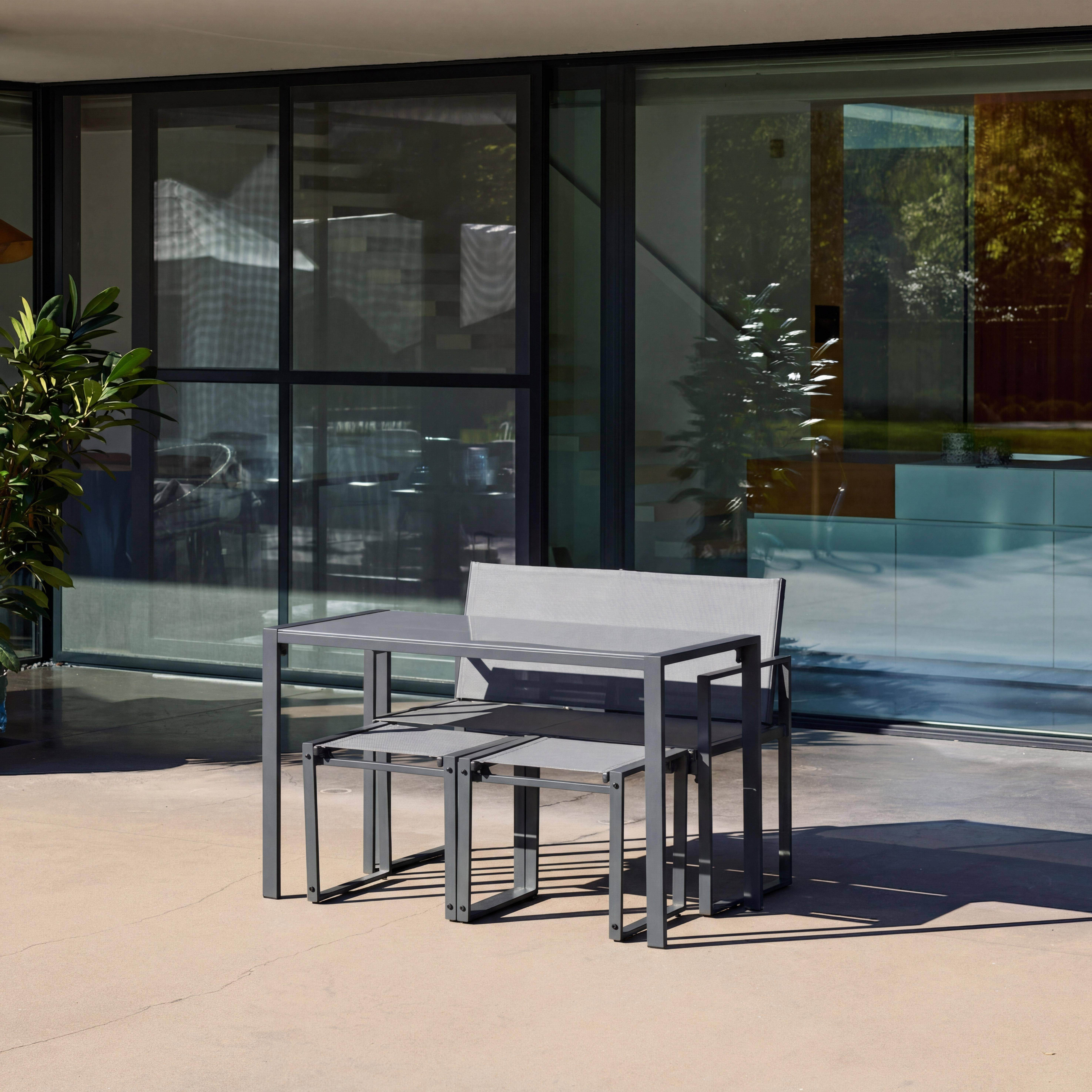 Verschachtelbare Garten-Essgruppe aus Stahl und Textilene anthrazit - Tisch 125 cm + 4 Sitze - Tavena Photo6