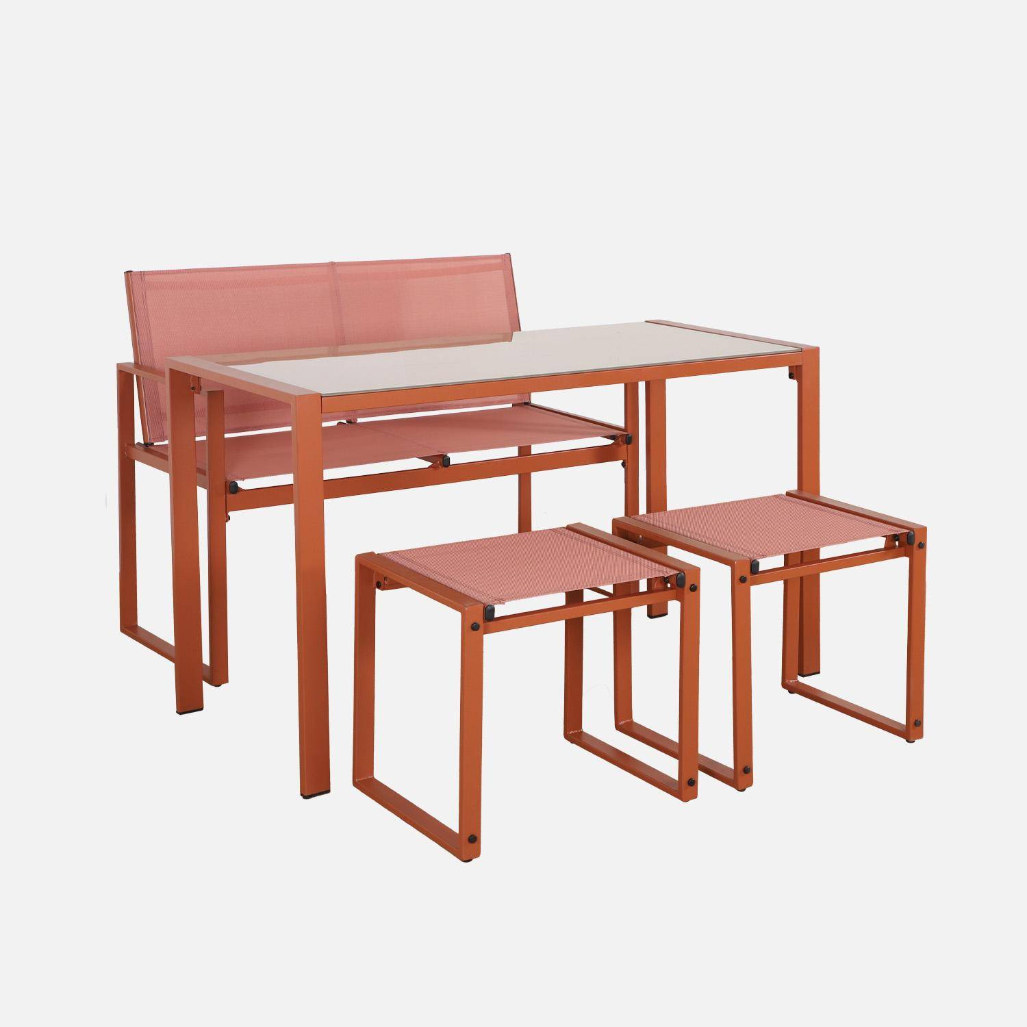 Tavolo da giardino incastrabile in acciaio e textilene e 4 sedute, Tavena, Terracotta, 125x59.5x74 cm,sweeek,Photo1