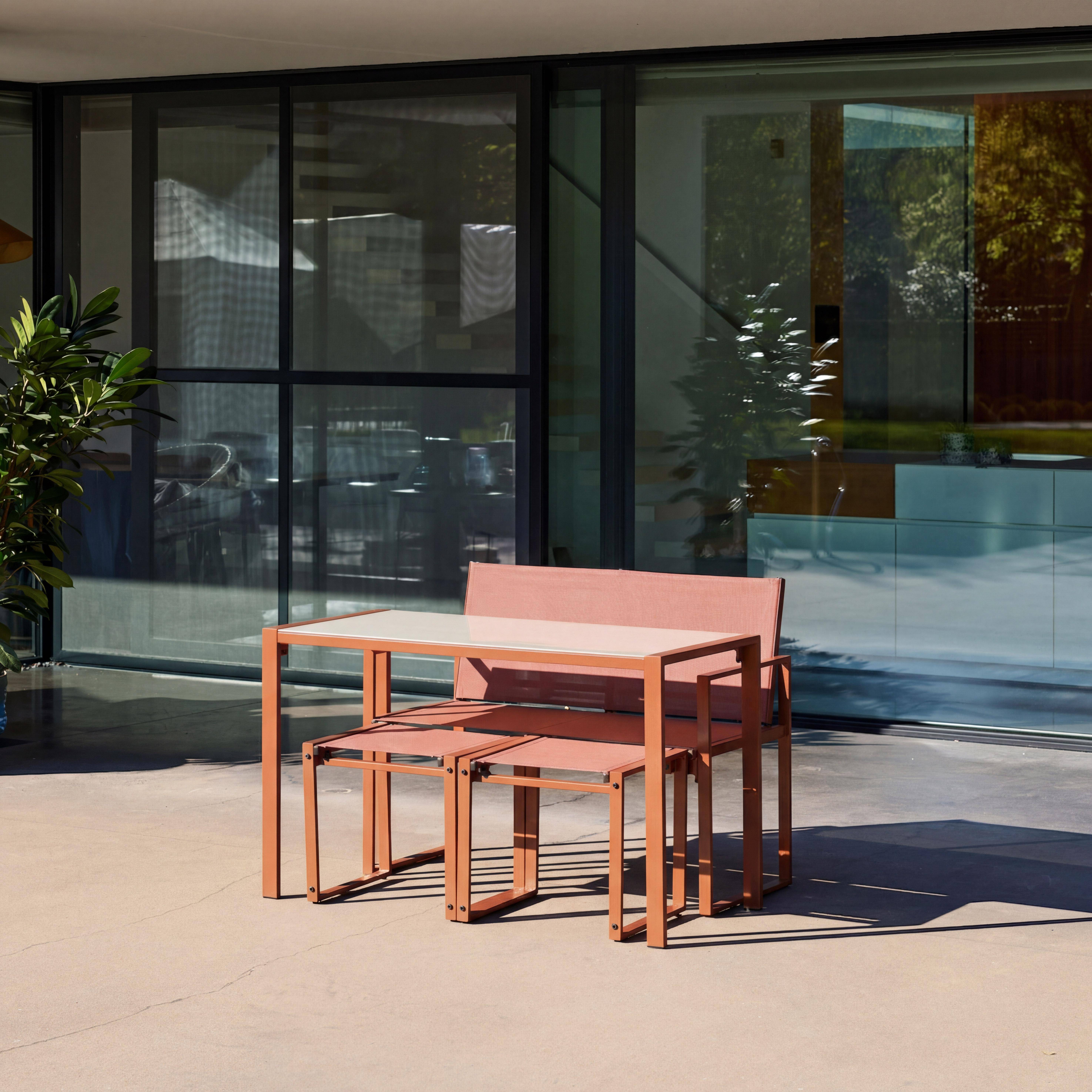 Tuintafel + 4 zitplaatsen inschuifbare set van staal en textileen terracotta 125 x 55 x 74,5 cm- Tavena Photo6