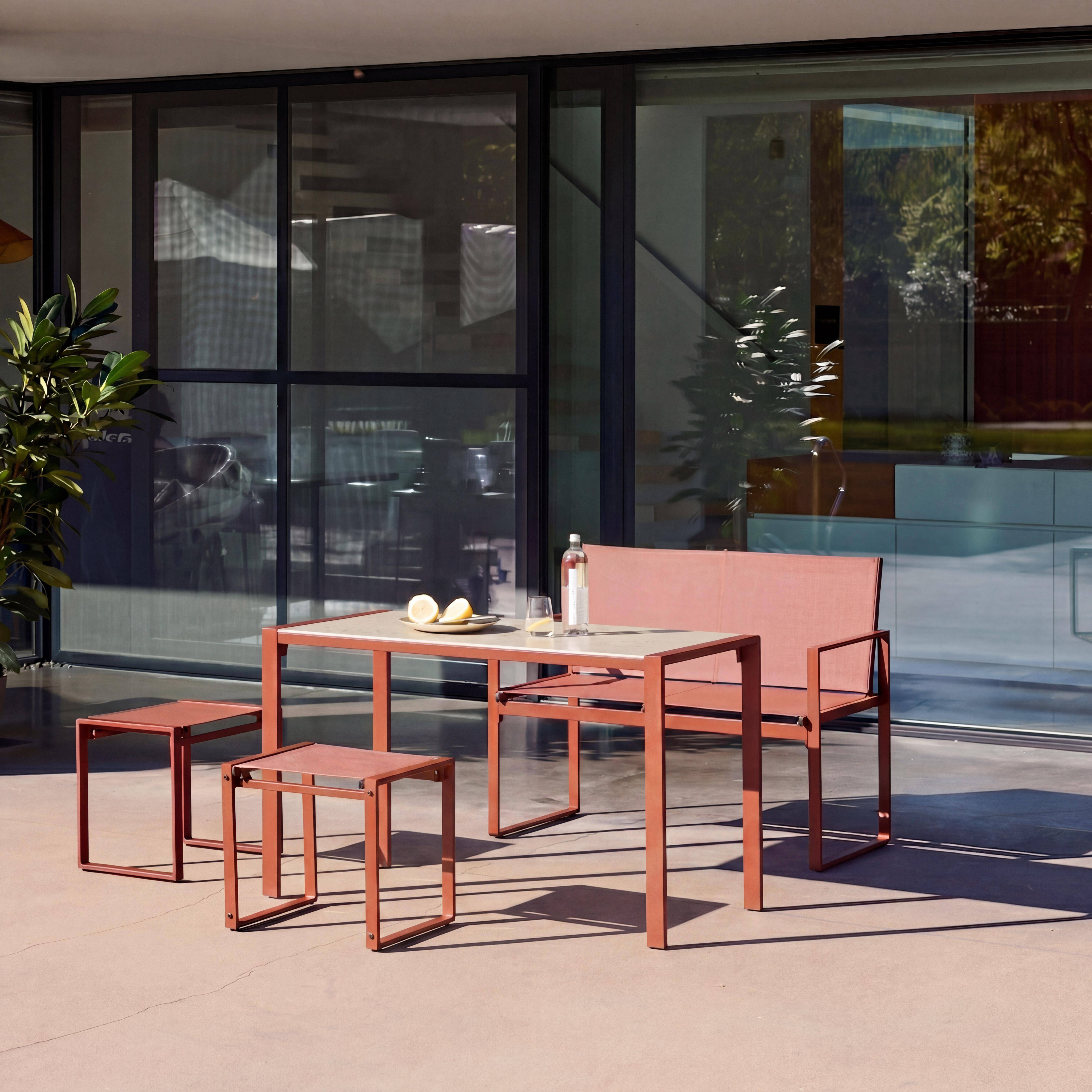 Tuintafel + 4 zitplaatsen inschuifbare set van staal en textileen terracotta 125 x 55 x 74,5 cm- Tavena Photo2