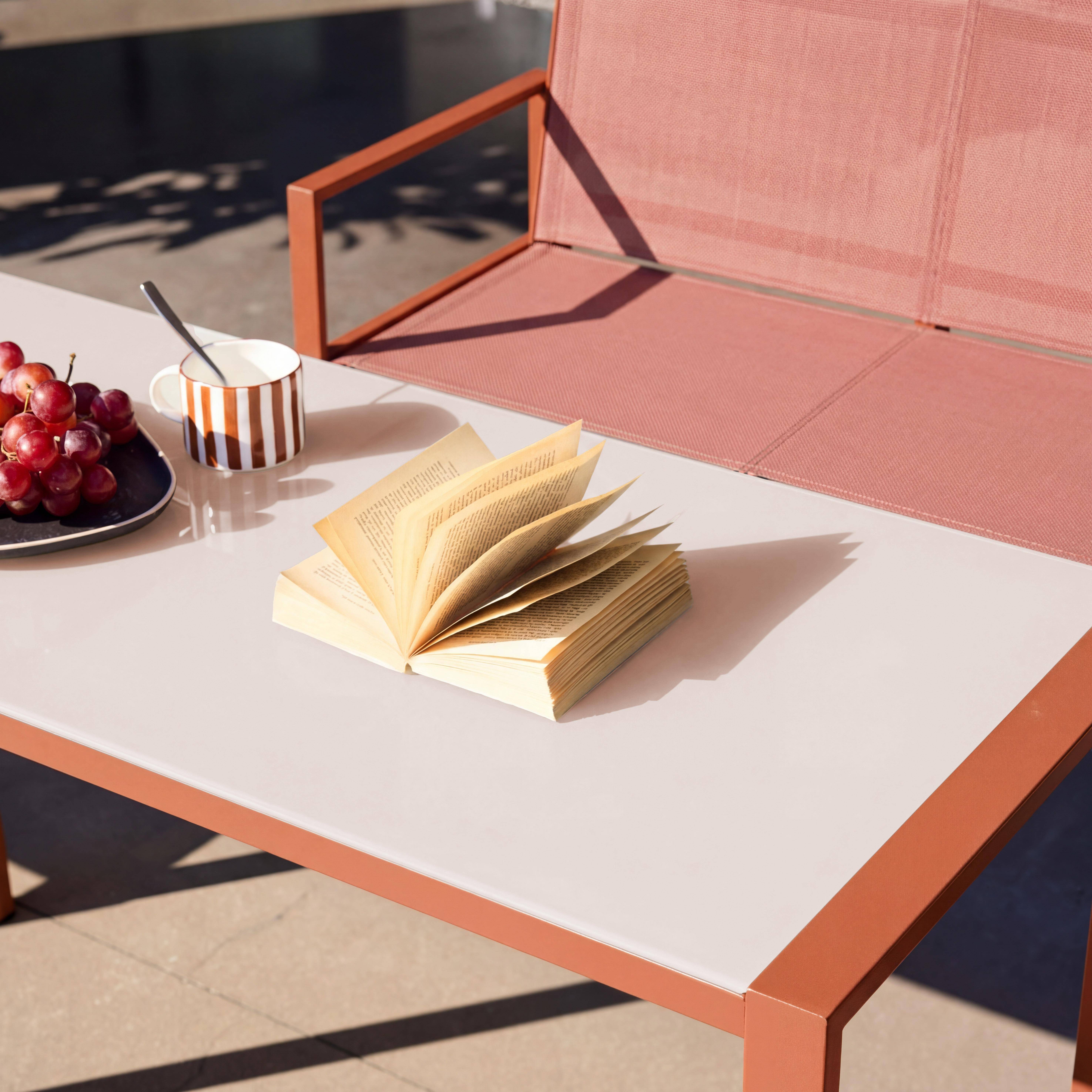 Tuintafel + 4 zitplaatsen inschuifbare set van staal en textileen terracotta 125 x 55 x 74,5 cm- Tavena Photo3