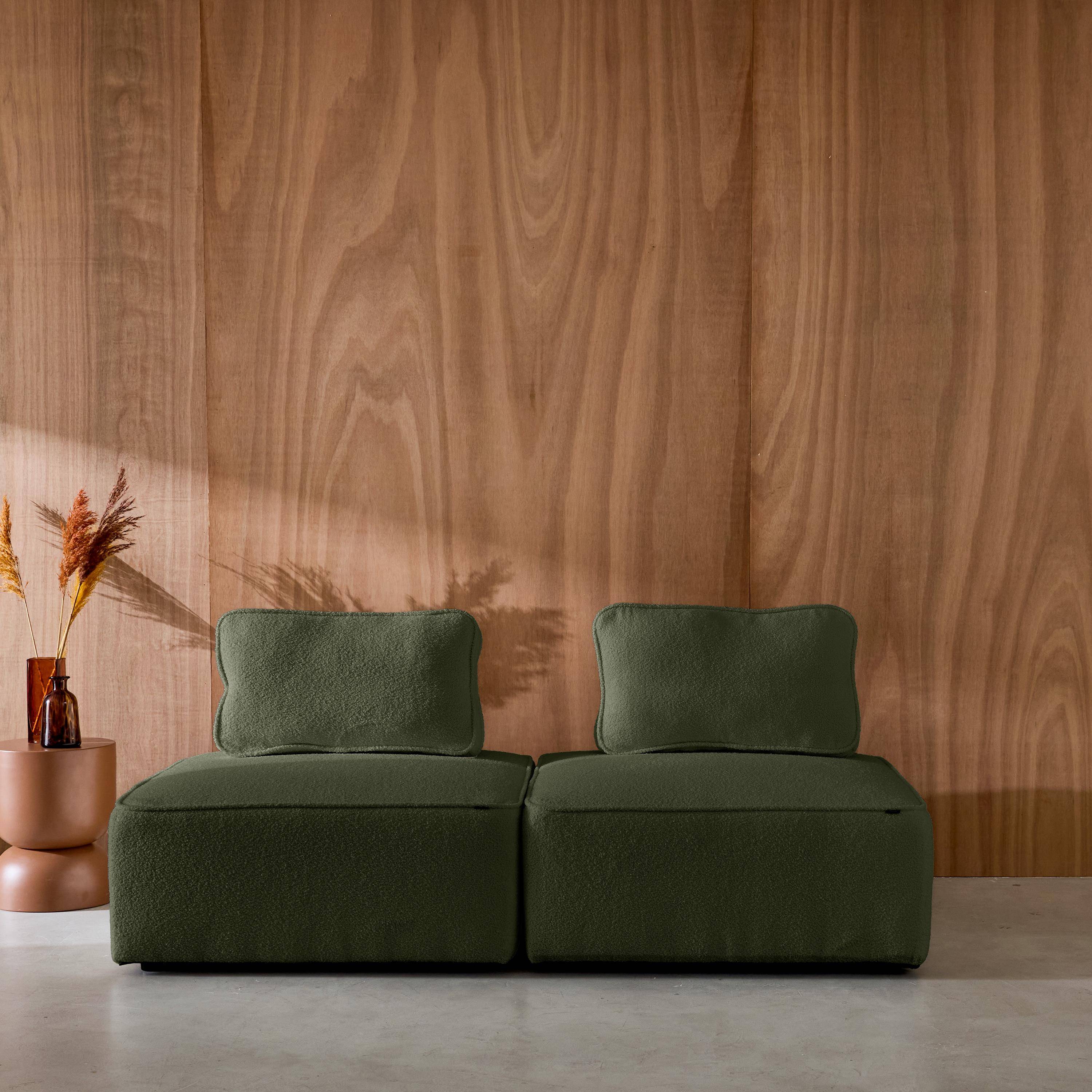 Sofá modular en tejido borreguito, 2 plazas, Bao, Verde kaki, 90x90x74 cm Photo2