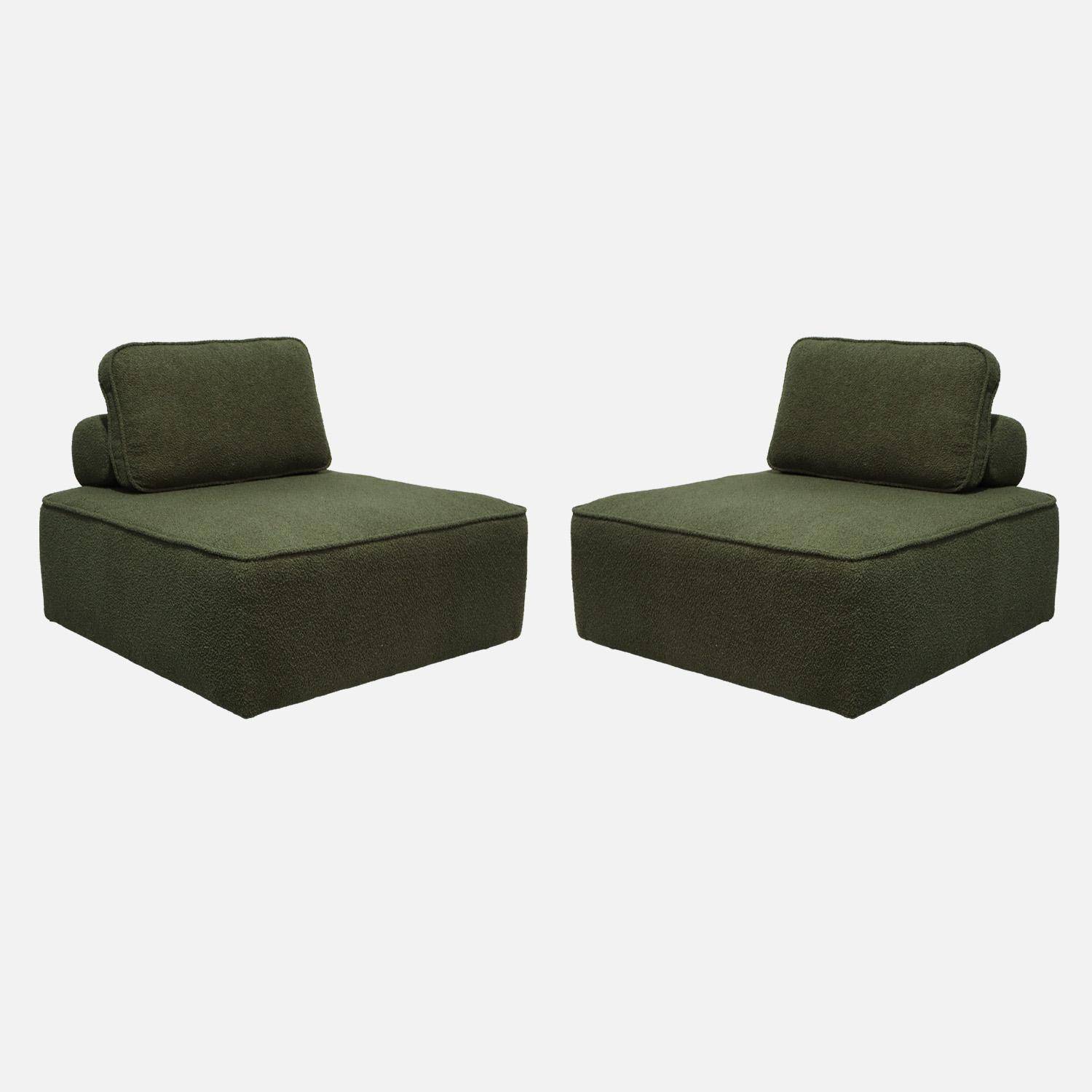 Lot de 2 chauffeuses pour canapé modulable tissu bouclette kaki 1 place Bao, L 90 x P 90 x H 74cm Photo1
