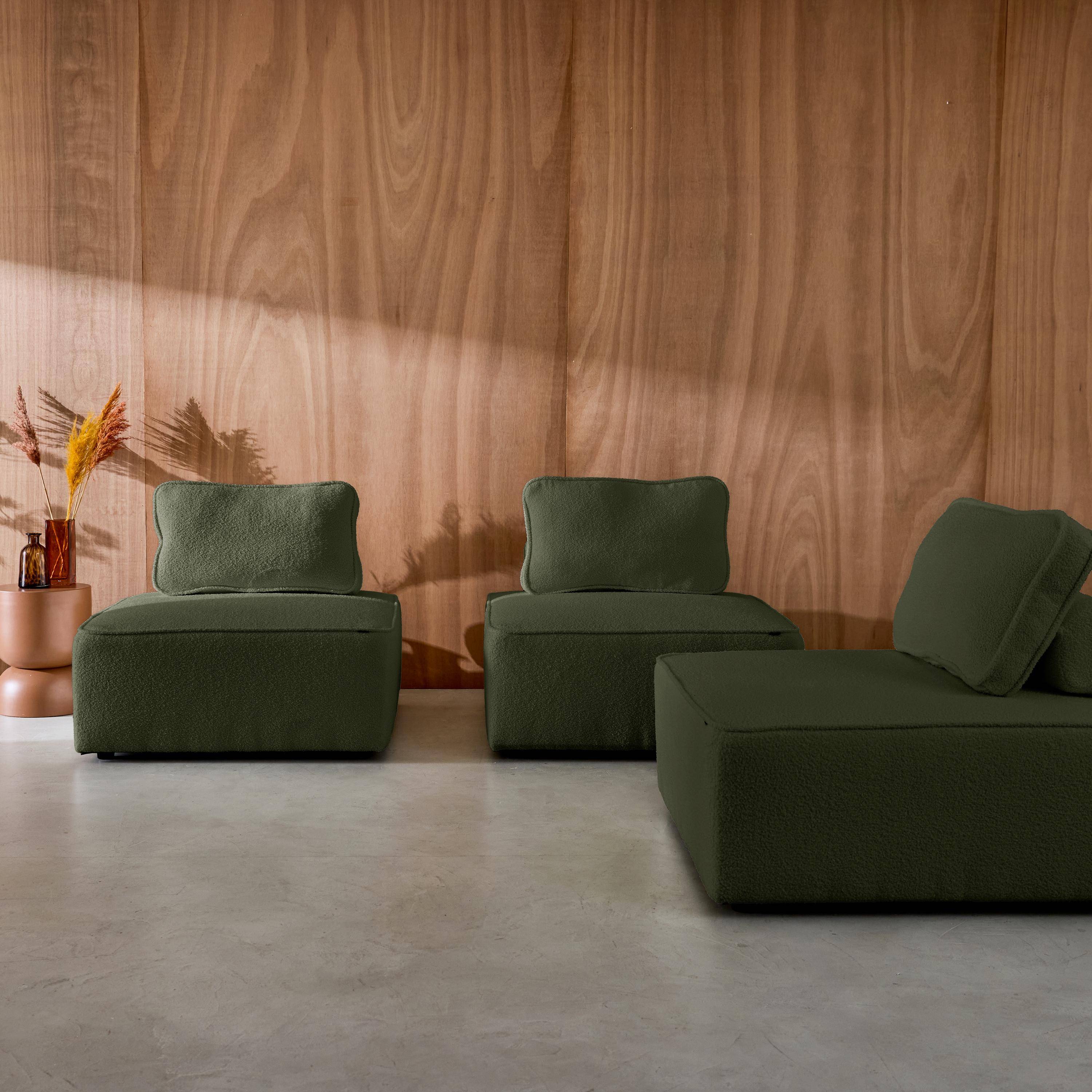 Sofá modular en tejido borreguito, 3 plazas, Bao, Verde kaki, 90x90x74 cm Photo2