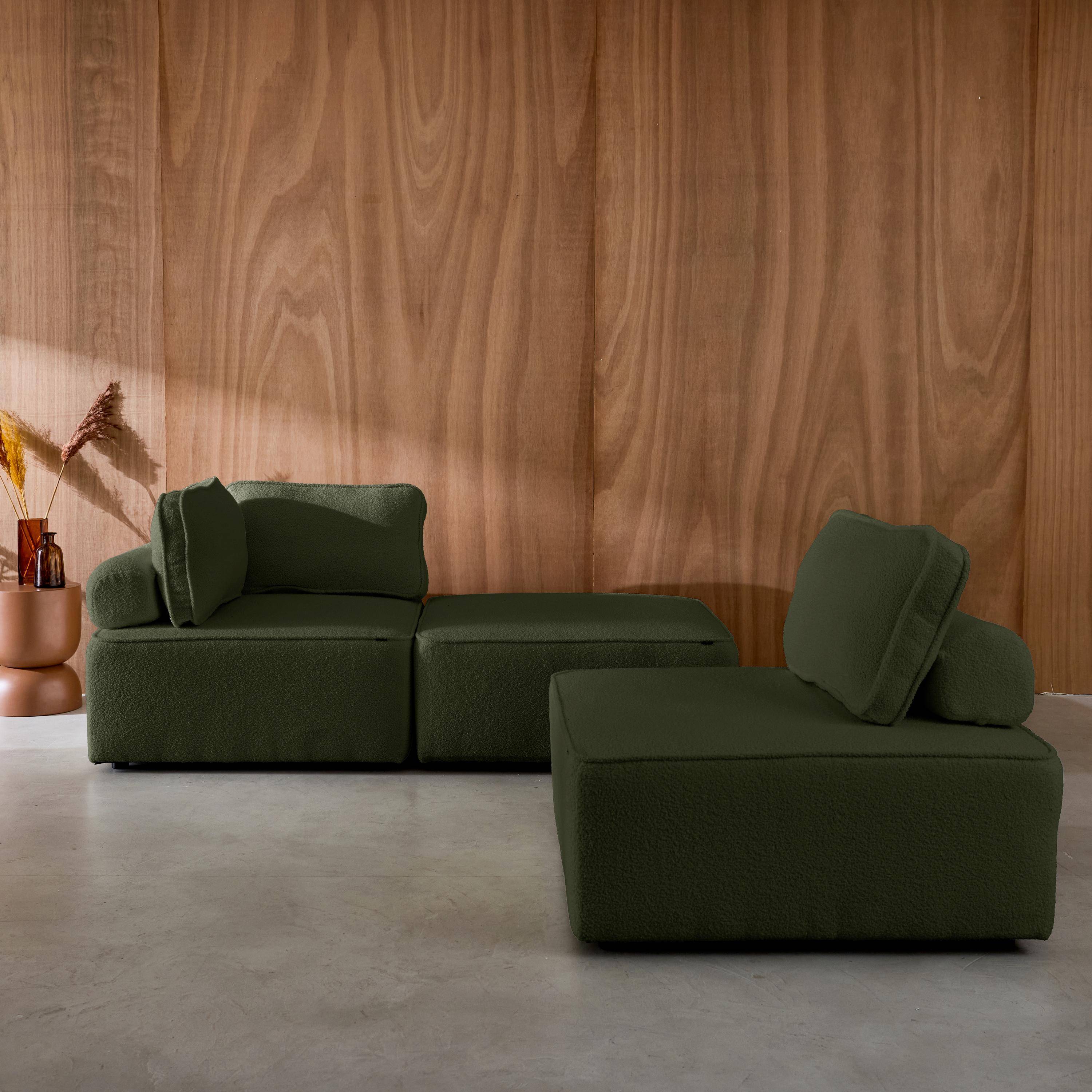 Sofá modular en tejido borreguito, 3 plazas, Bao, Verde kaki, 90x90x74 cm Photo4