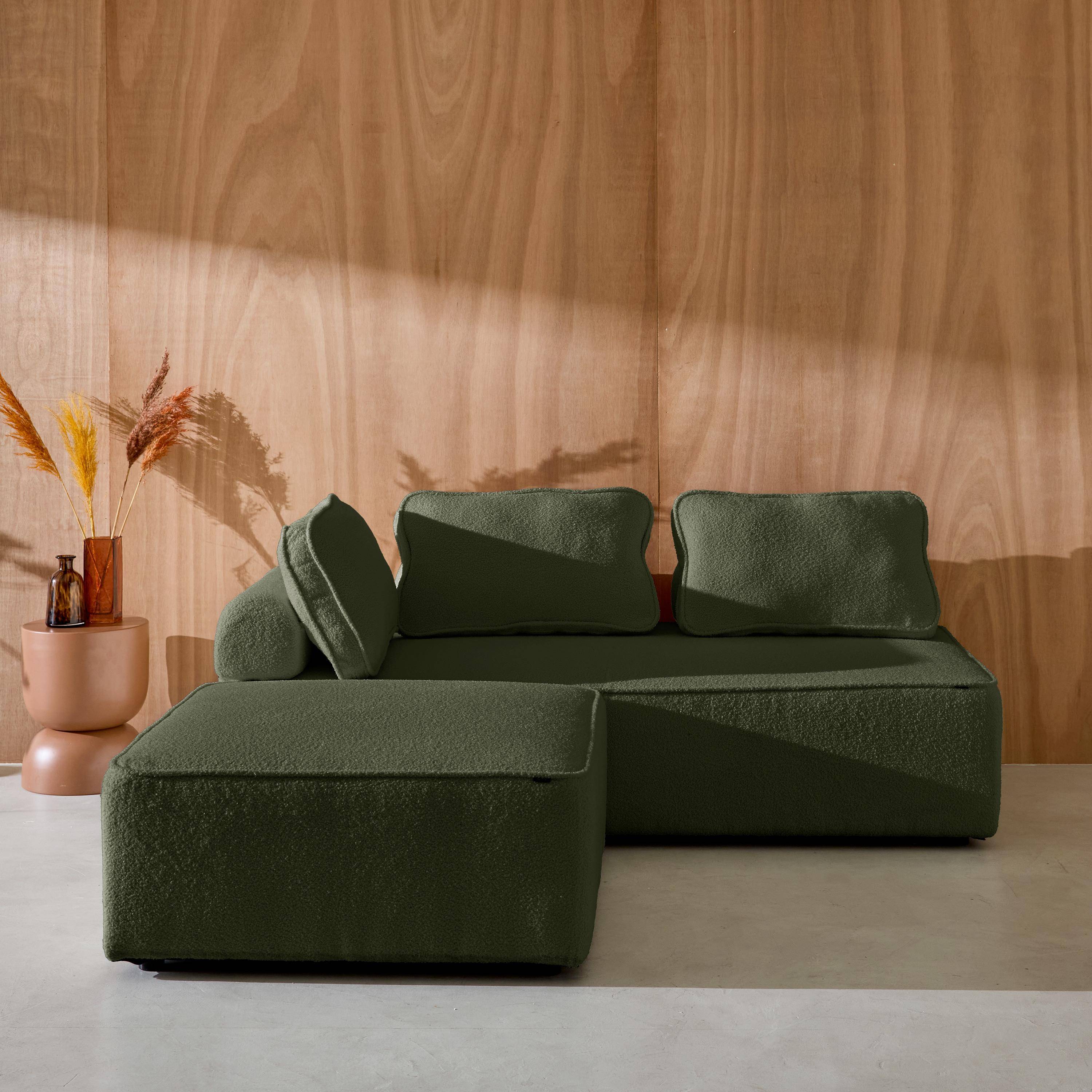 Sofá modular en tejido borreguito, 3 plazas, Bao, Verde kaki, 180x90x74 cm Photo1