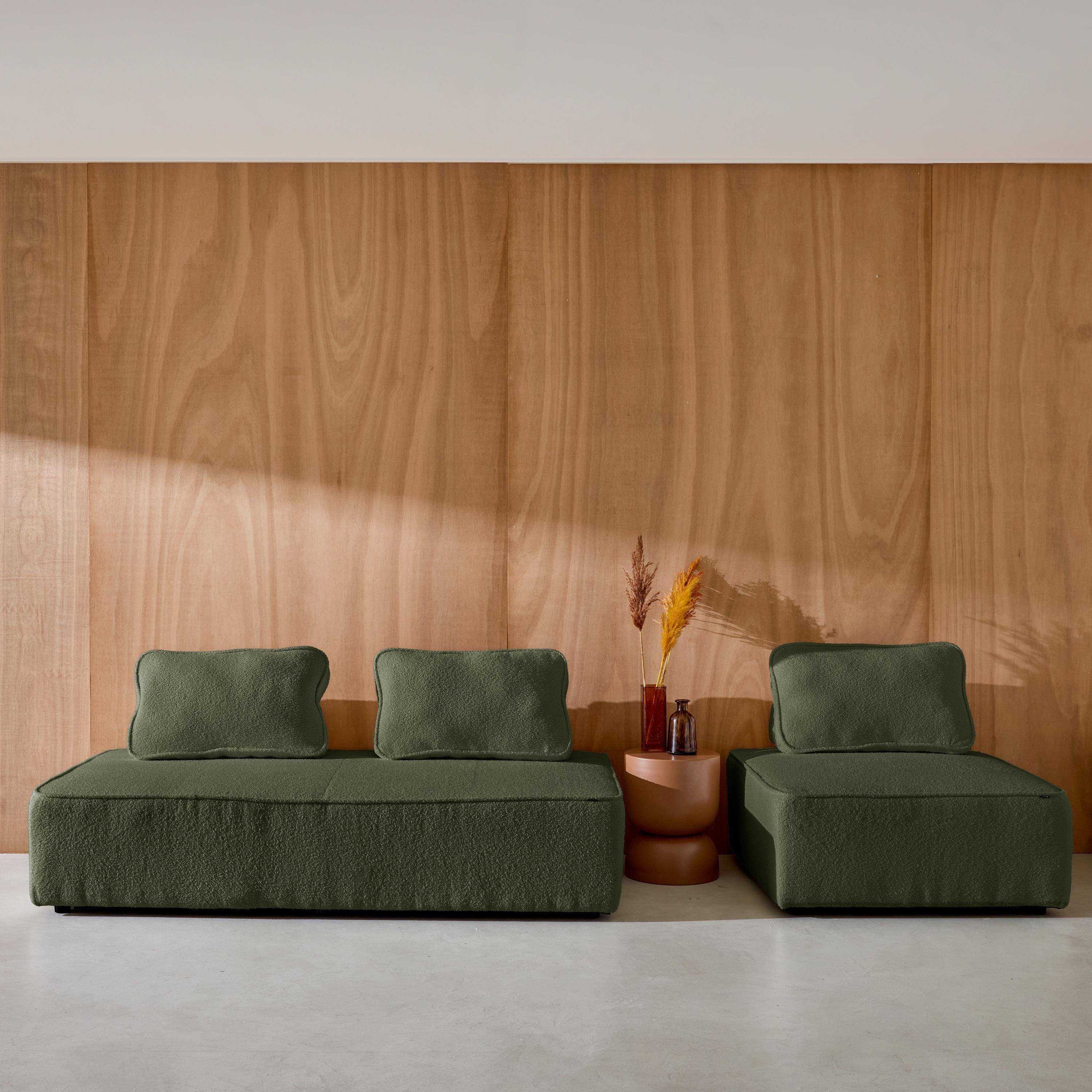 Sofá modular en tejido borreguito, 3 plazas, Bao, Verde kaki, 180x90x74 cm Photo3