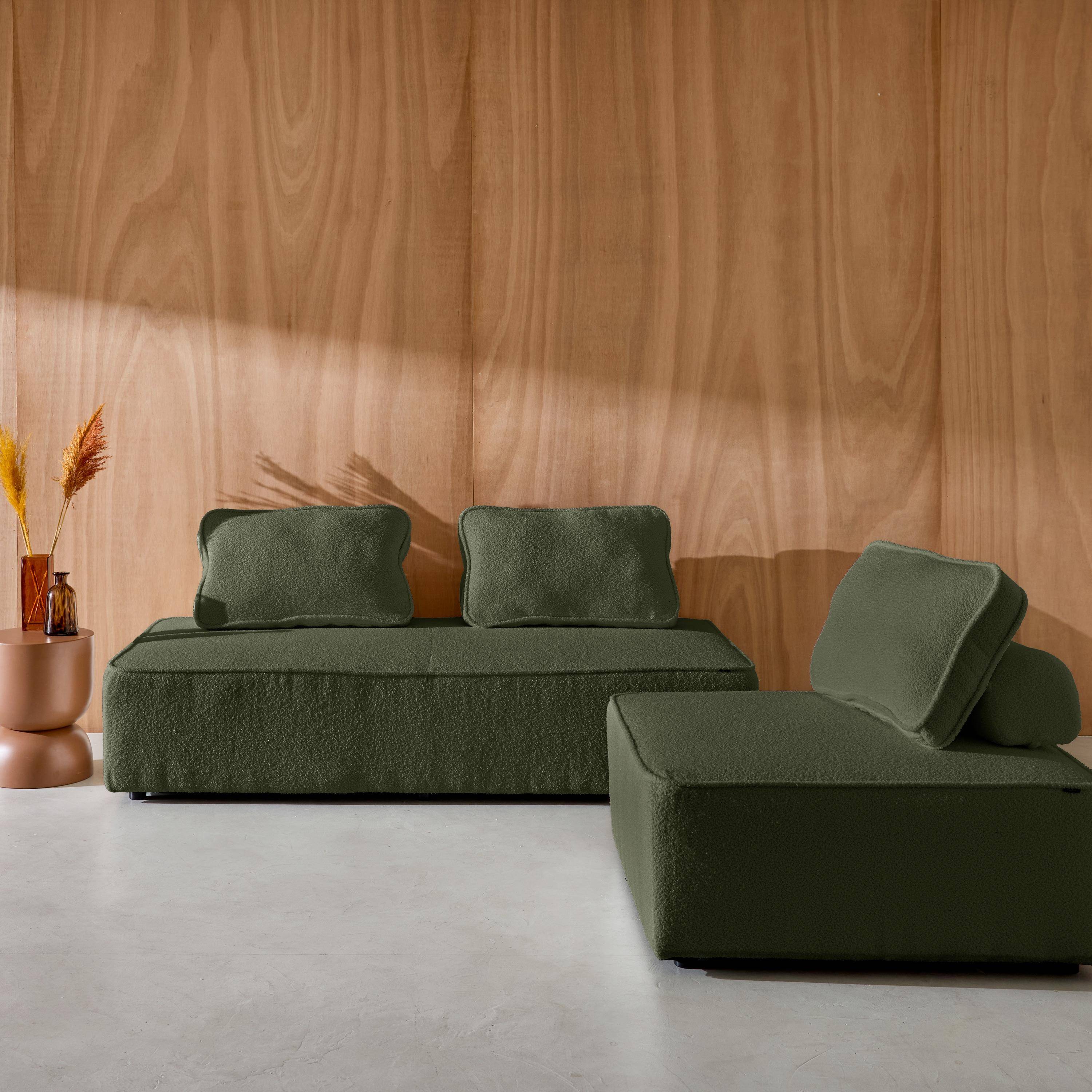 Sofá modular en tejido borreguito, 3 plazas, Bao, Verde kaki, 180x90x74 cm Photo2