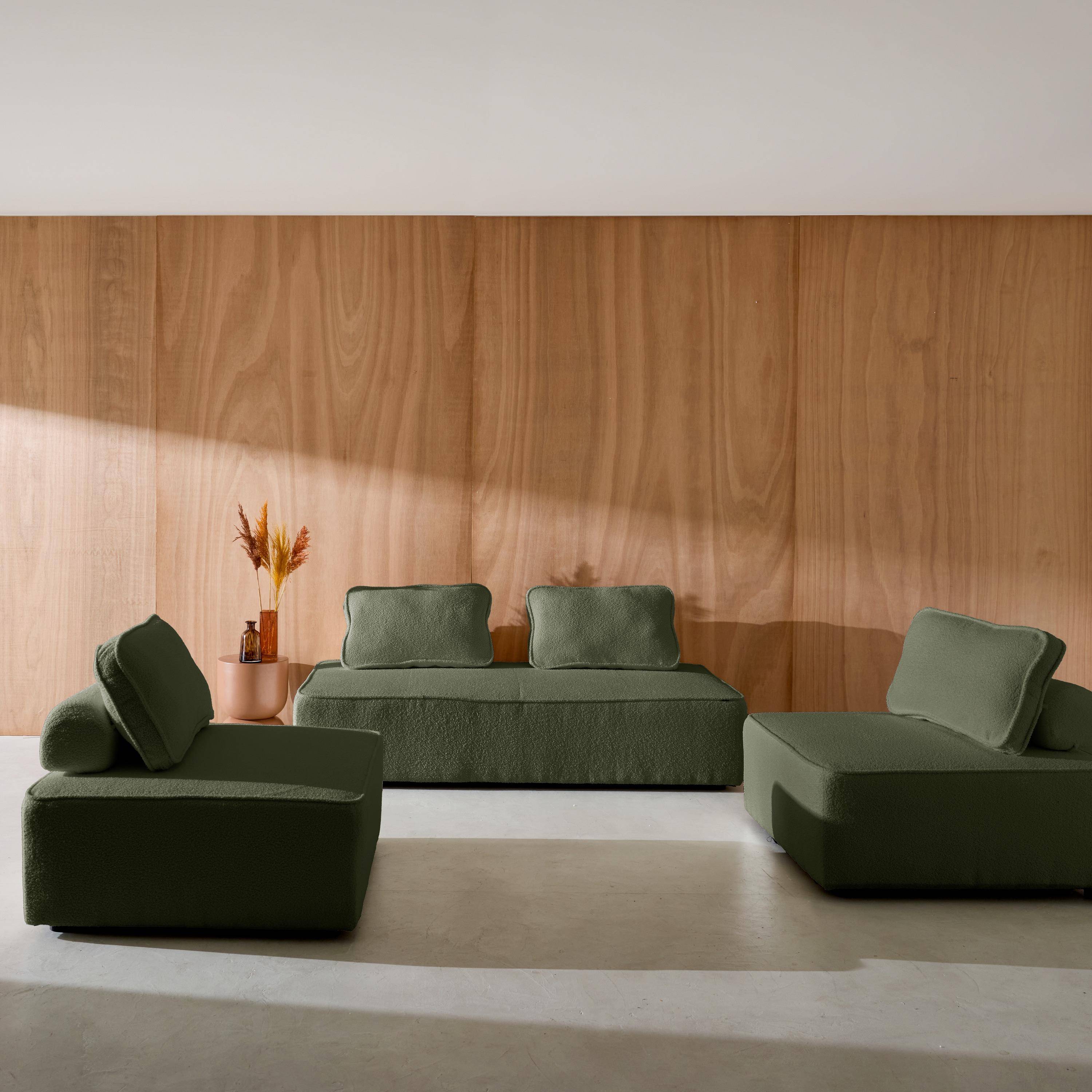 Sofá modular en tejido borreguito, 4 plazas, Bao, Verde kaki, 180x90x74 cm Photo1