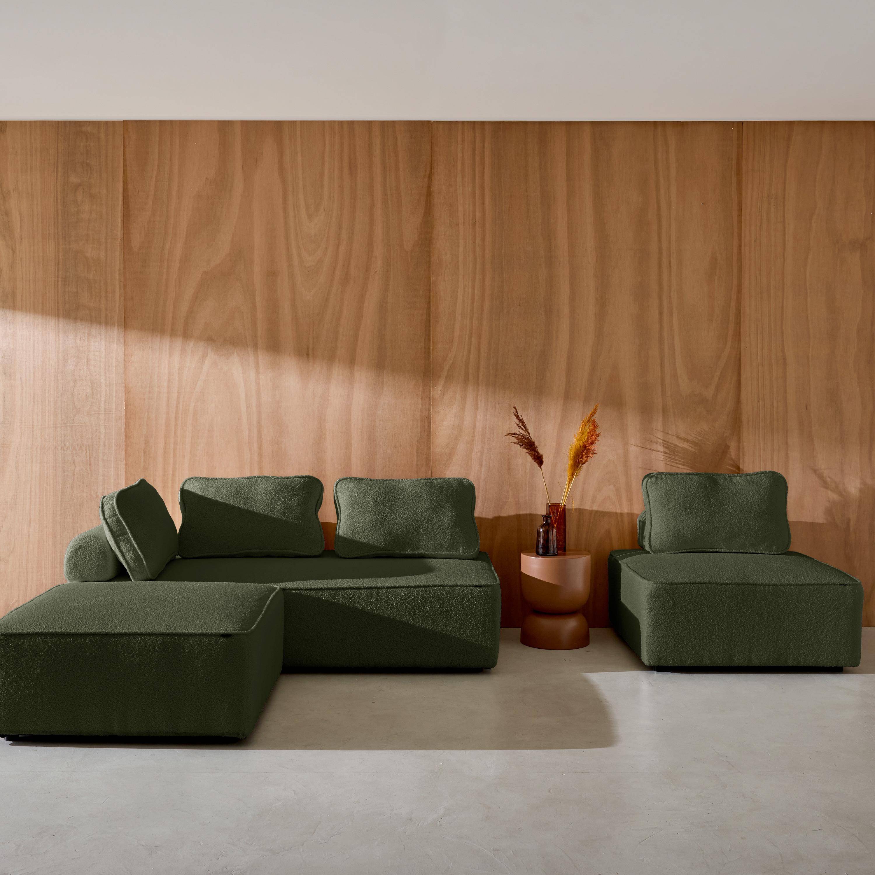 Sofá modular en tejido borreguito, 4 plazas, Bao, Verde kaki, 180x90x74 cm Photo5