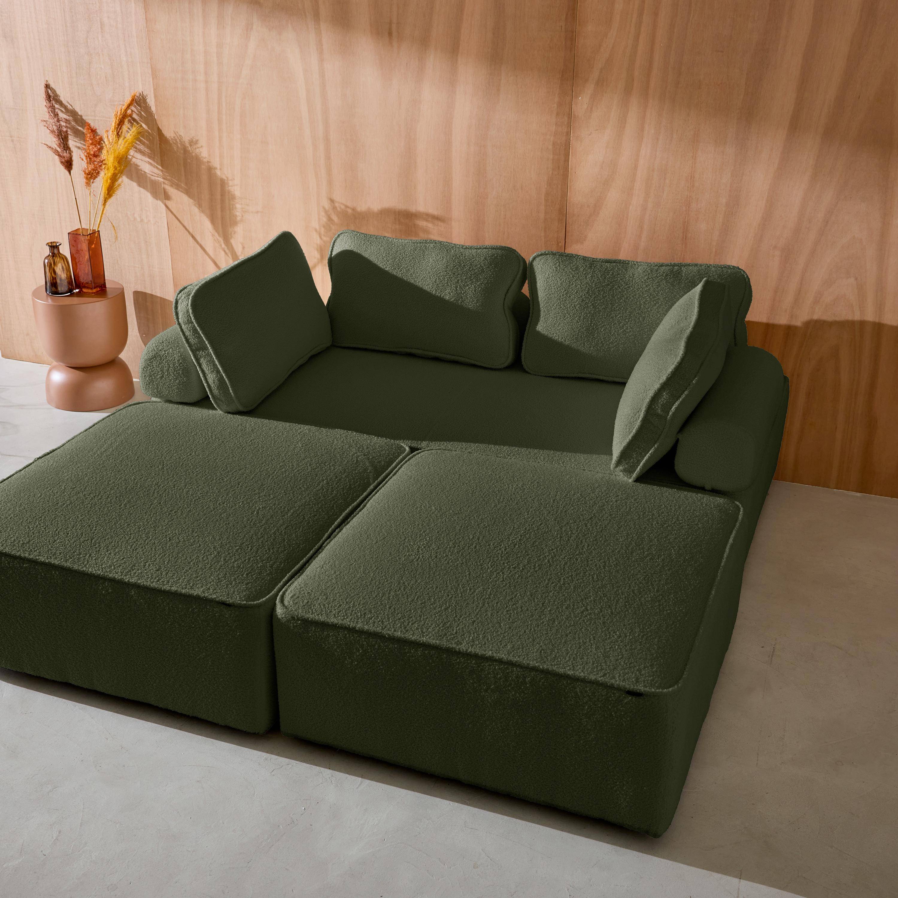 Sofá modular en tejido borreguito, 4 plazas, Bao, Verde kaki, 180x90x74 cm Photo4