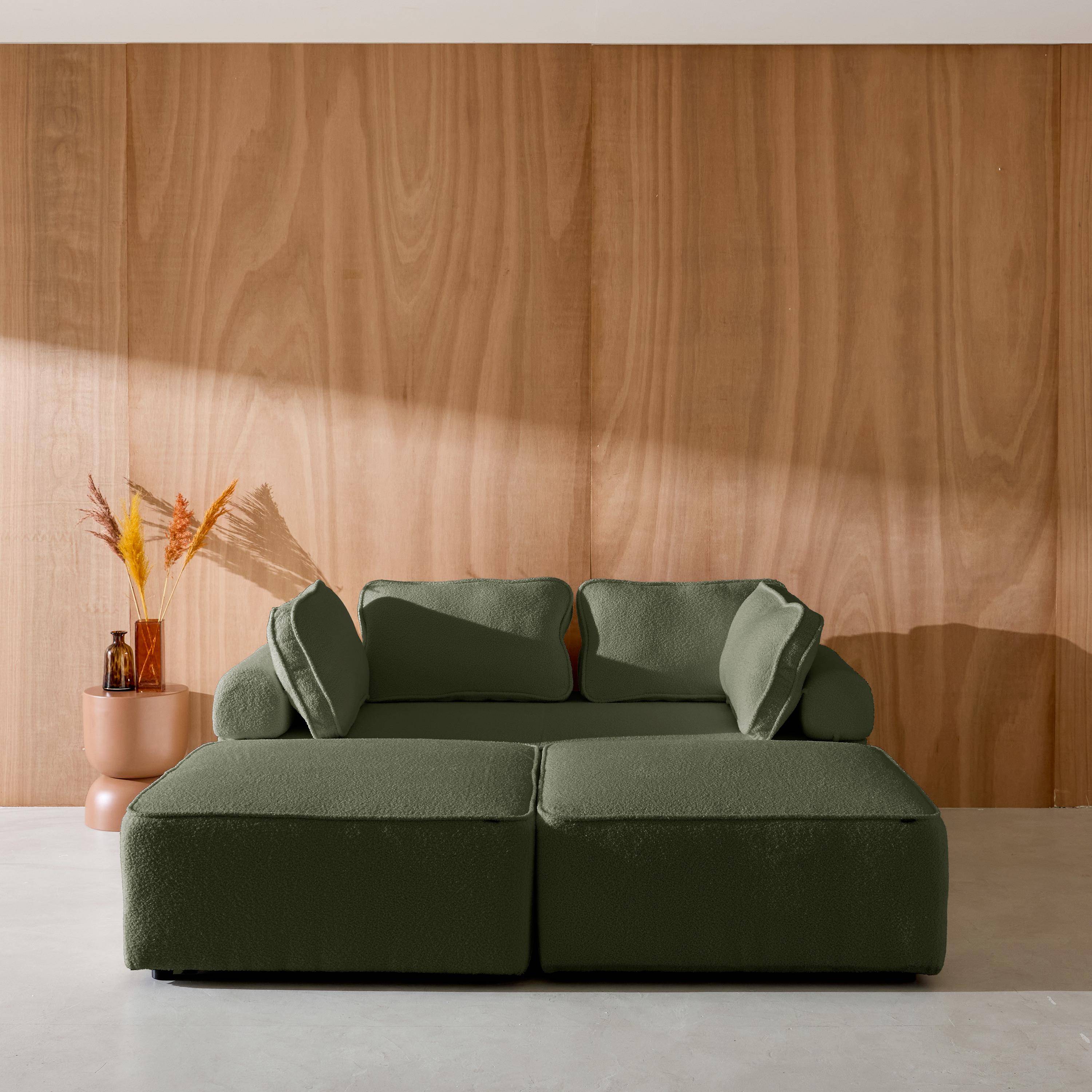 Sofá modular en tejido borreguito, 4 plazas, Bao, Verde kaki, 180x90x74 cm Photo3