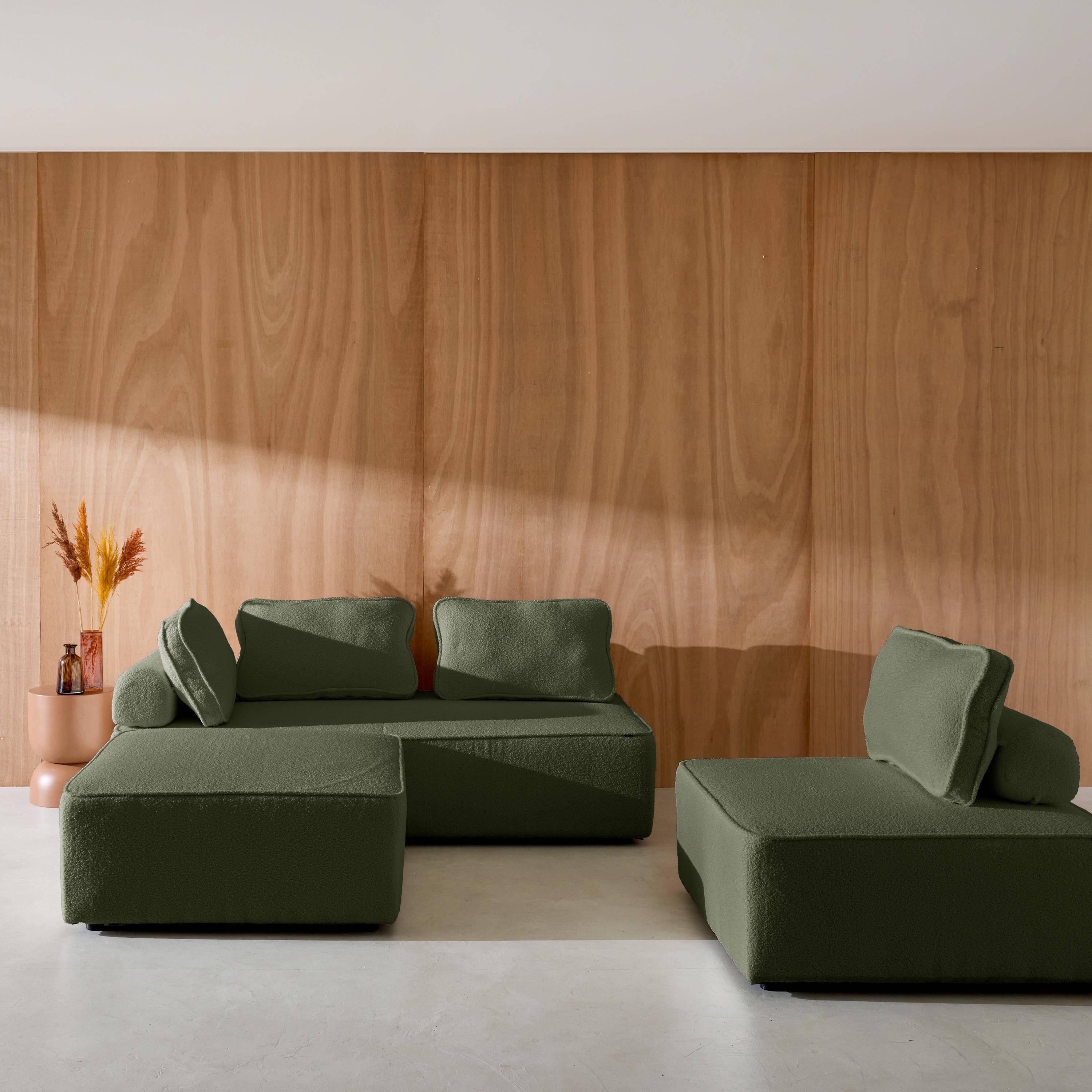Sofá modular en tejido borreguito, 4 plazas, Bao, Verde kaki, 180x90x74 cm Photo2