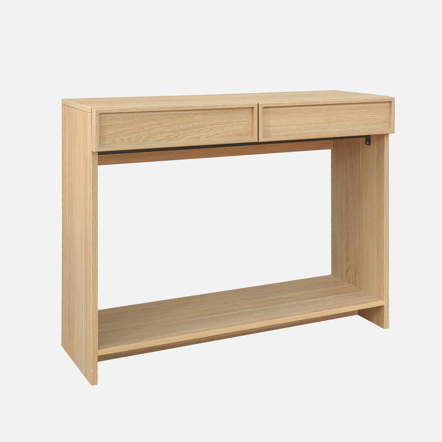 Console effet bois naturel 2 tiroirs et étagère