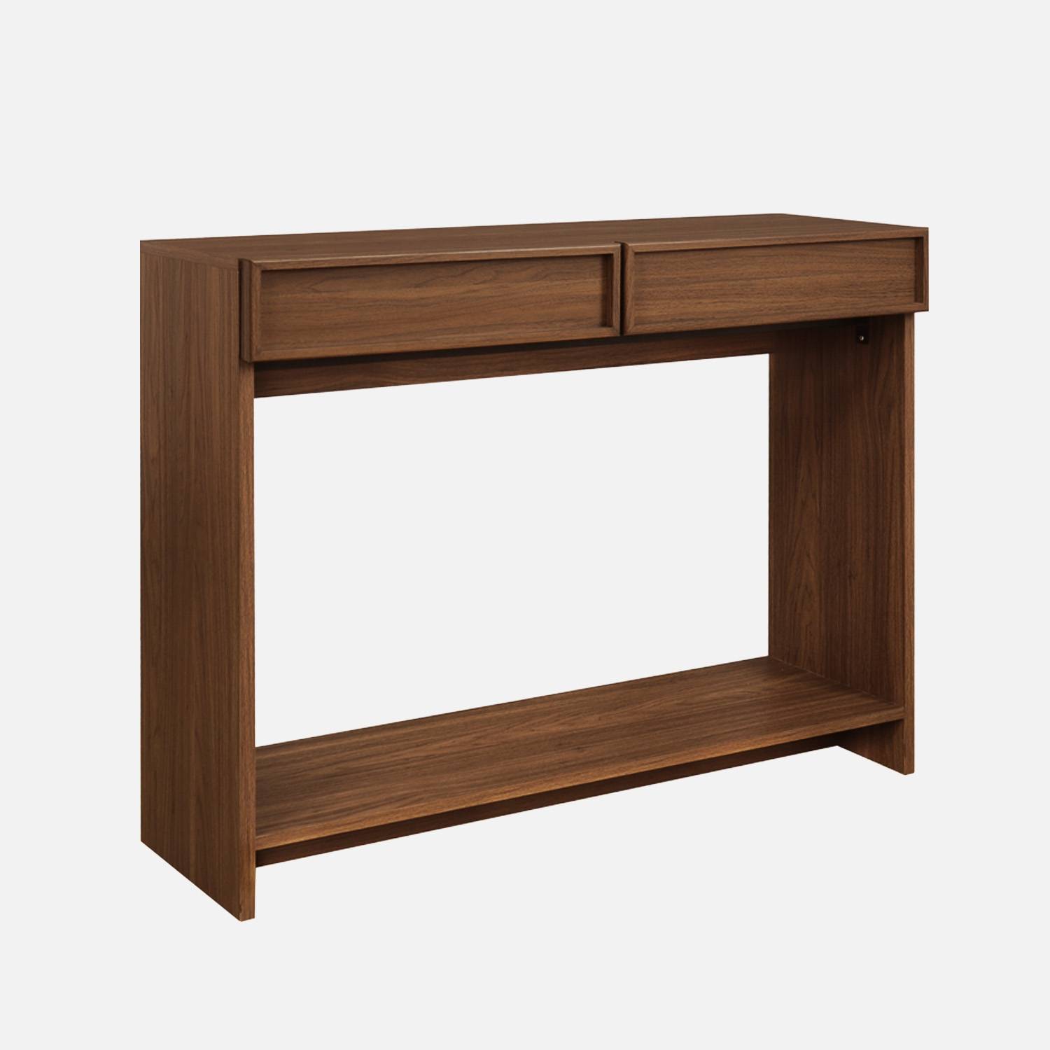 Console effet bois noyer 2 tiroirs et étagère