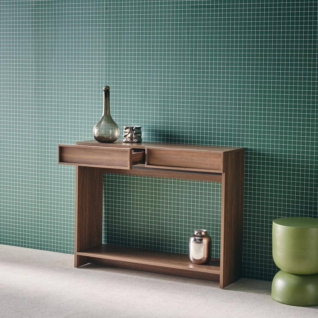 Wood effect console 2 drawers and shelf Walnut 100x33x78 cm - Kuba Photo3