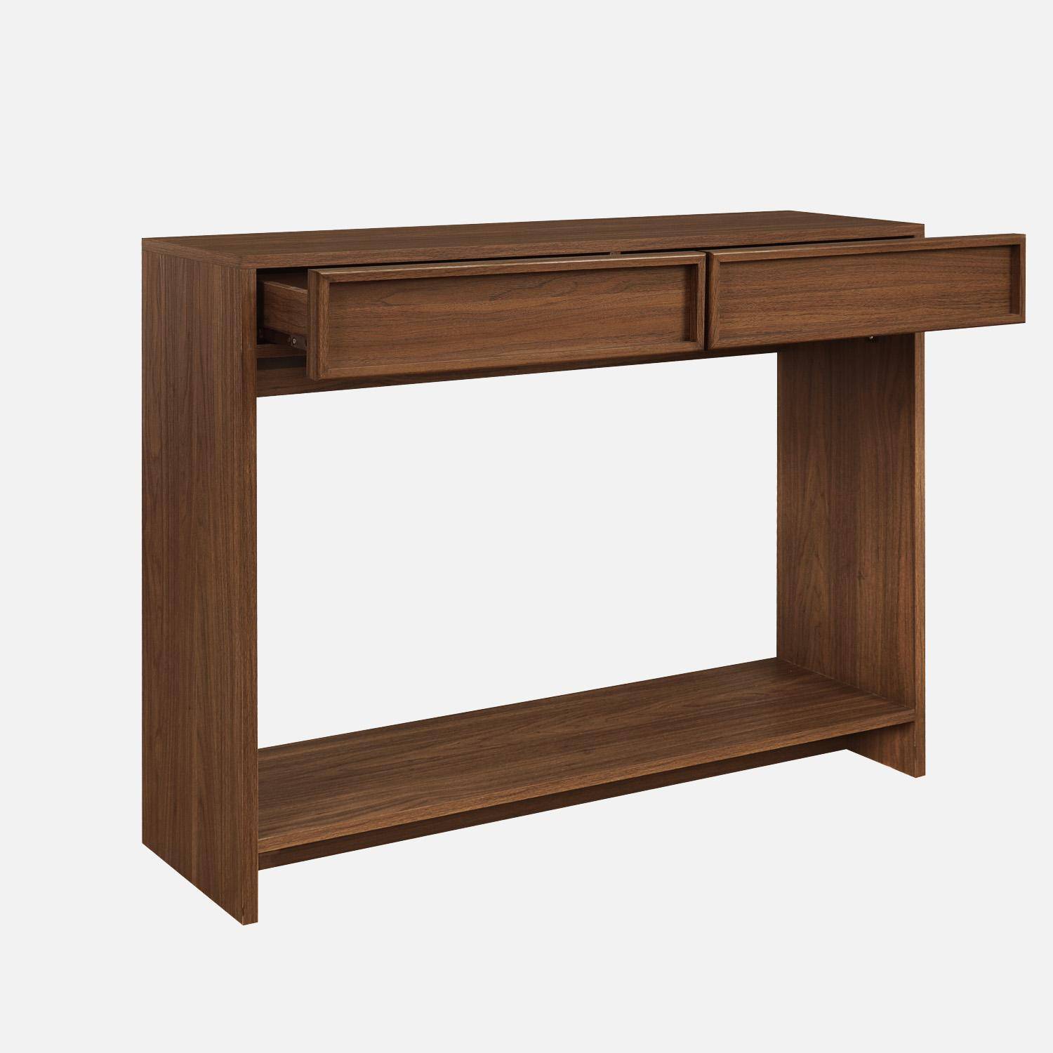 Console effet bois noyer 2 tiroirs et étagère - L 100 x P 33 x H 78cm - Kuba,sweeek,Photo3