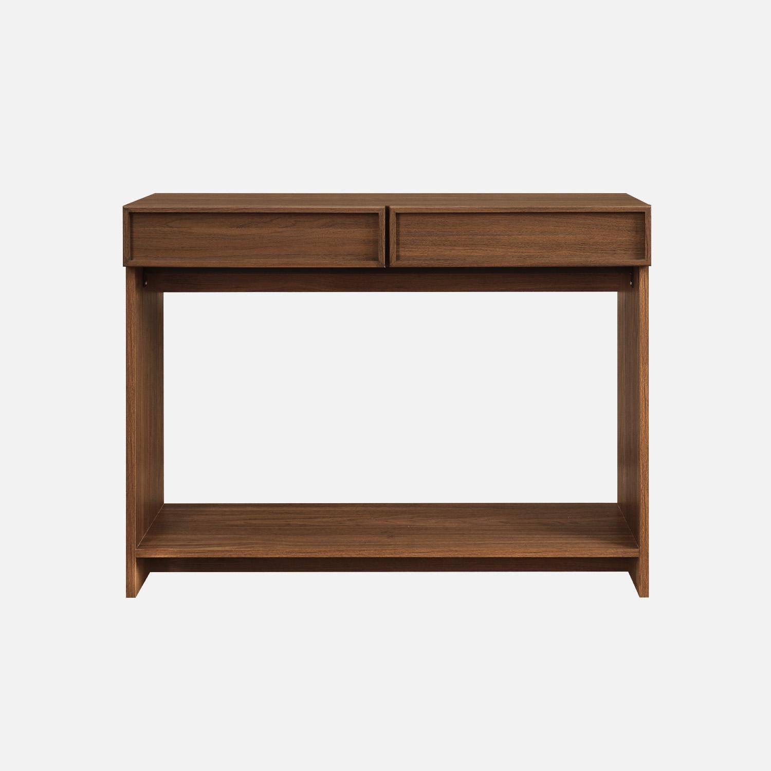 Console effet bois noyer 2 tiroirs et étagère - L 100 x P 33 x H 78cm - Kuba Photo2