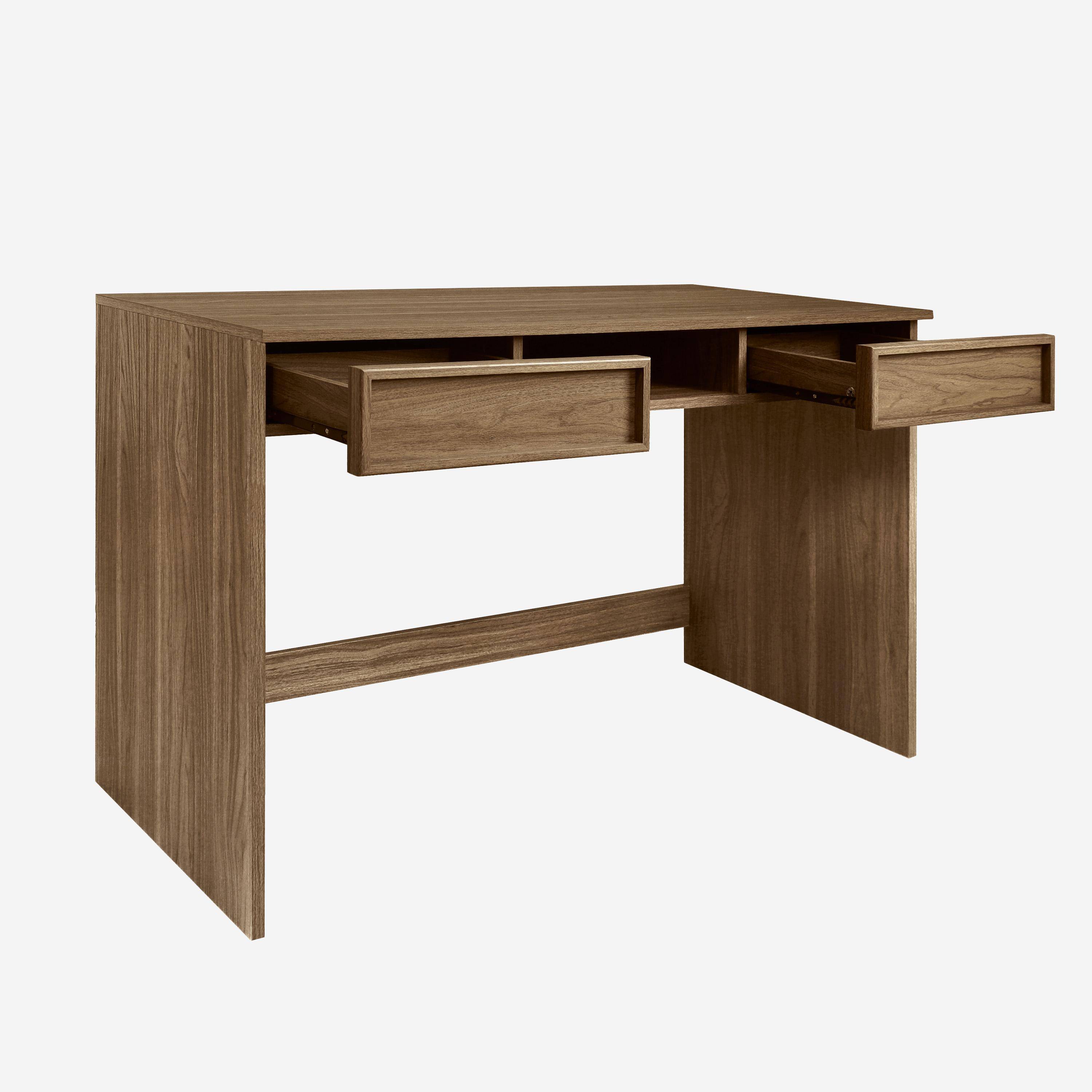 Bureau effet bois noyer 2 tiroirs 1 niche 120cm - L 120 x P 55 x H 77cm - Kuba Photo3