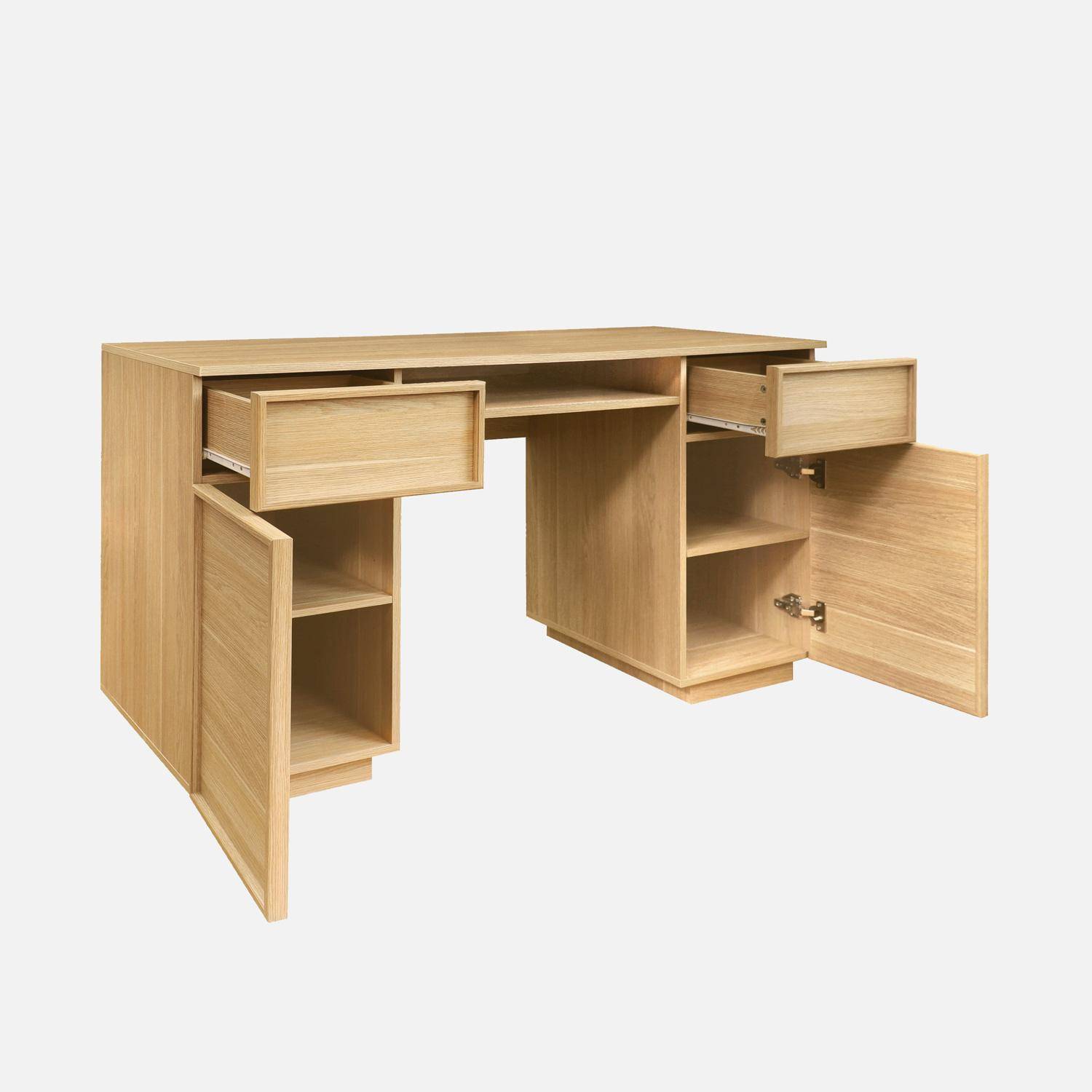 Bureau effet bois naturel 2 portes 2 tiroirs 1 niche 140cm - L 140 x P 55 x H 77cm - Kuba Photo3