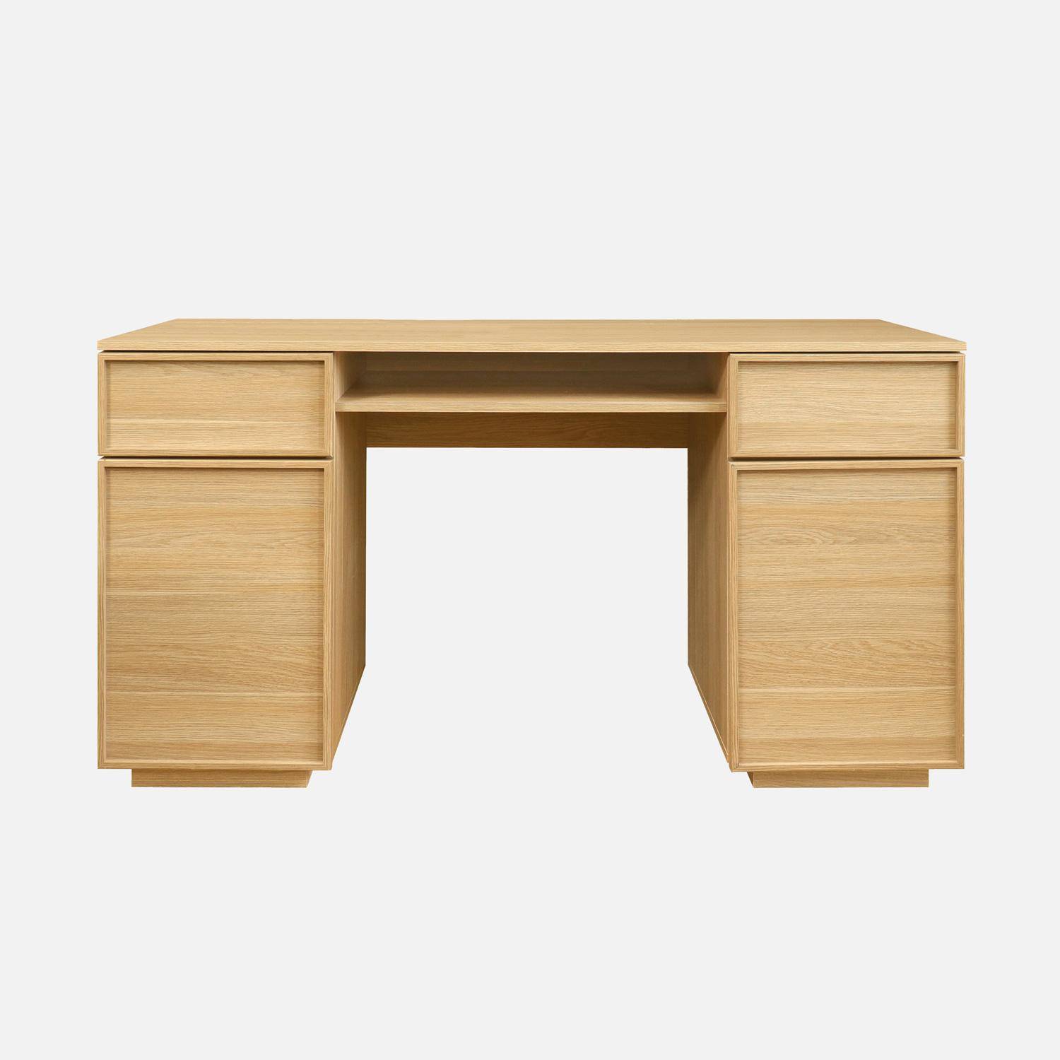 Bureau effet bois naturel 2 portes 2 tiroirs 1 niche 140cm - L 140 x P 55 x H 77cm - Kuba,sweeek,Photo2
