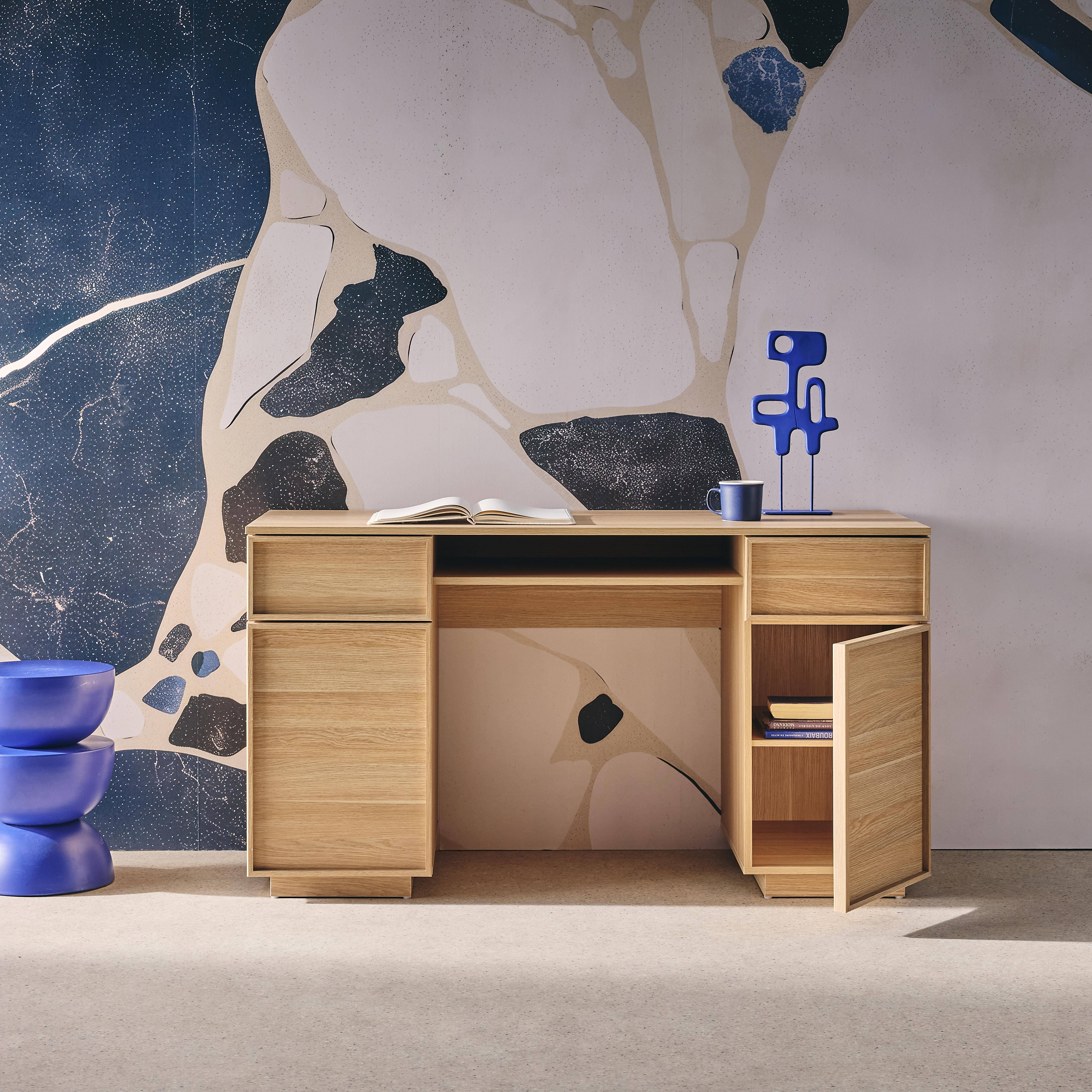 Escritorio efecto madera con 2 puertas y 2 cajones, 140cm, Kuba, Natural, 140x55x77 cm Photo3