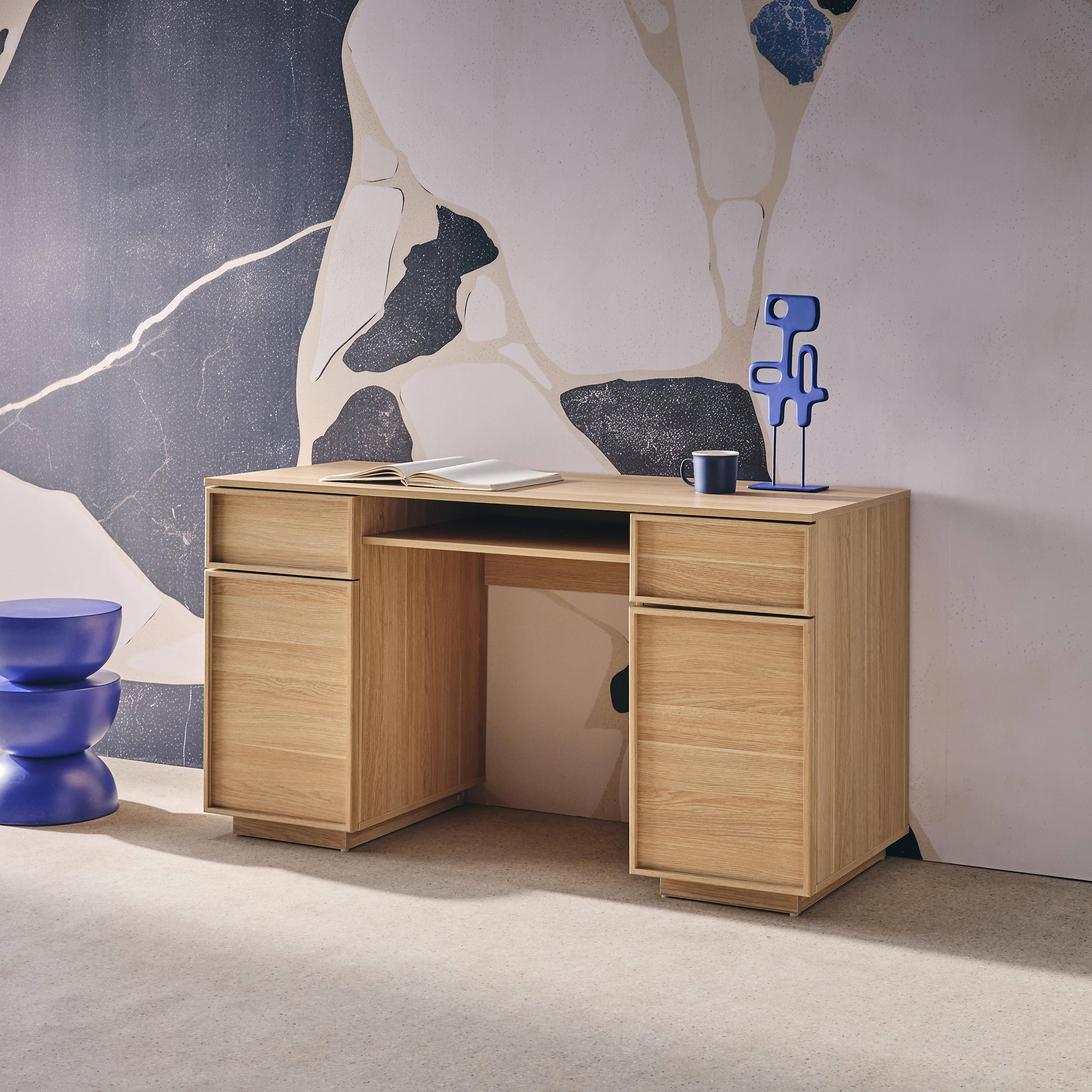 Escritorio efecto madera con 2 puertas y 2 cajones, 140cm, Kuba, Natural, 140x55x77 cm Photo2