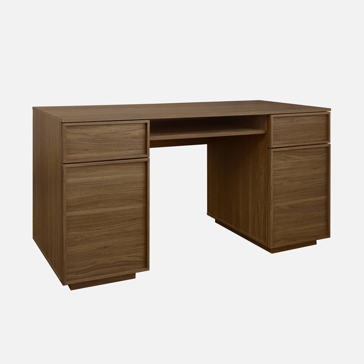 Bureau effet bois noyer 2 portes 2 tiroirs 1 niche 140cm