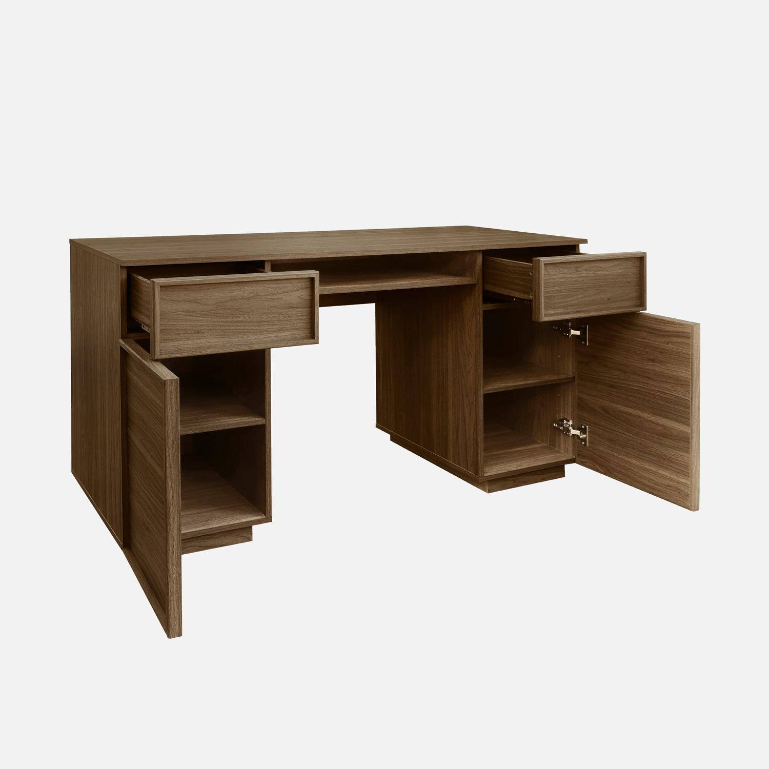 Bureau effet bois noyer 2 portes 2 tiroirs 1 niche 140cm - L 140 x P 55 x H 77cm - Kuba Photo3