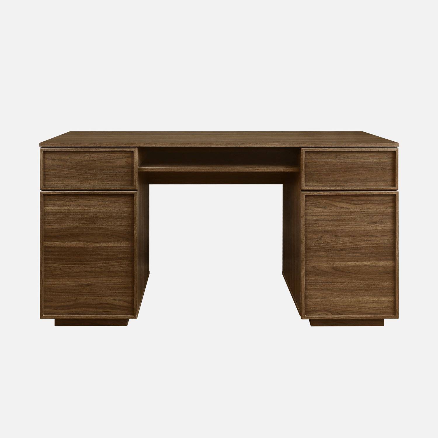 Bureau effet bois noyer 2 portes 2 tiroirs 1 niche 140cm - L 140 x P 55 x H 77cm - Kuba Photo2