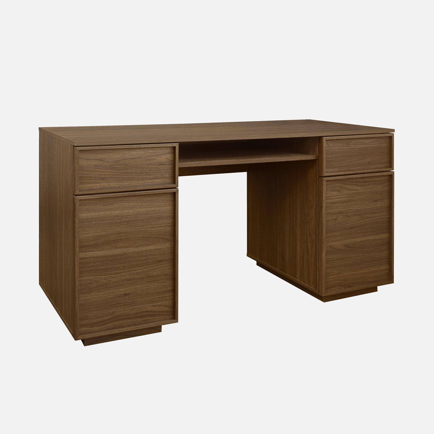 Bureau effet bois noyer 2 portes 2 tiroirs 1 niche 140cm - L 140 x P 55 x H 77cm - Kuba Photo1