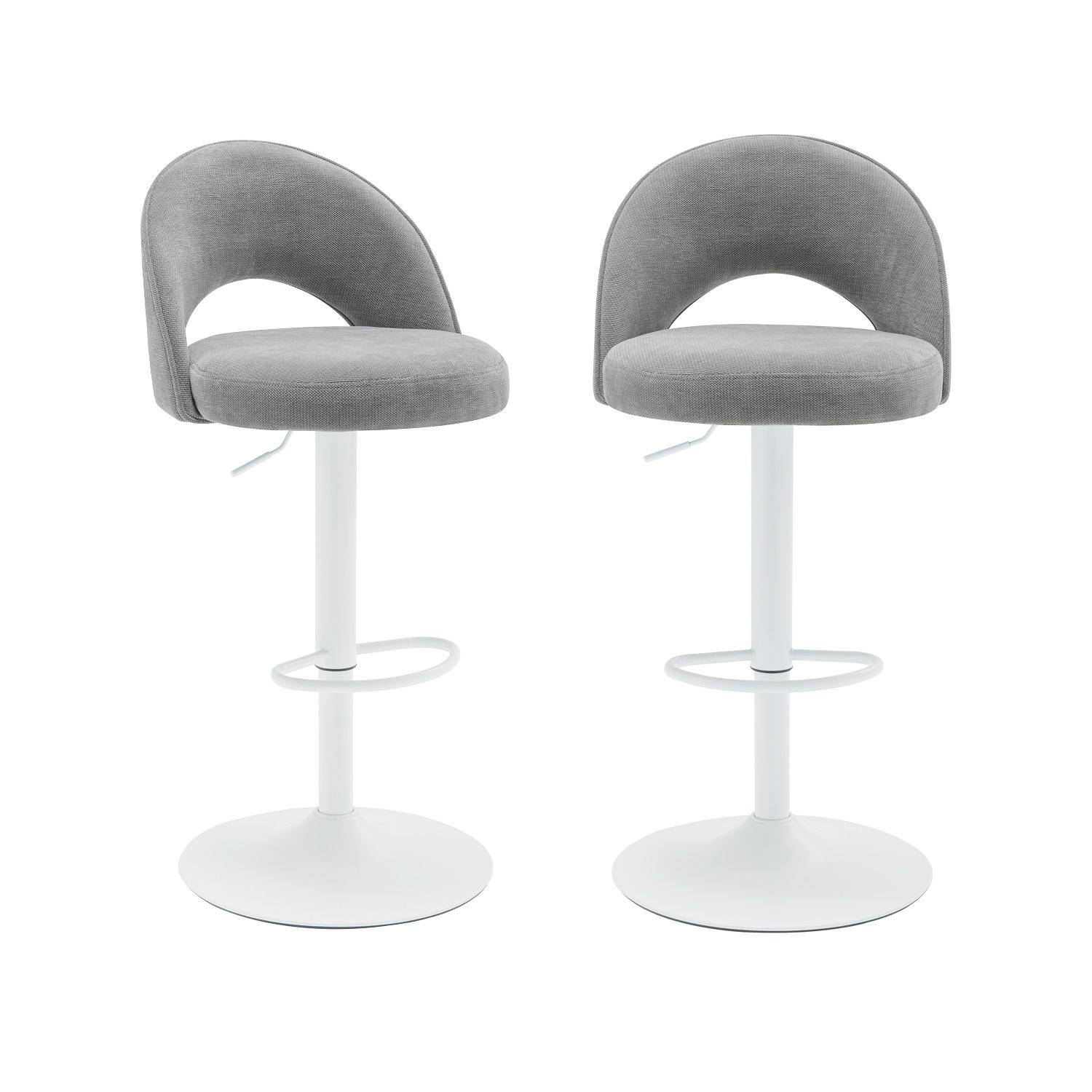 Lot de deux tabourets de bar ajustables métal et tissu gris clair, pied blanc - L 49 x P 49 x H 88,5-110cm - Abby Photo1