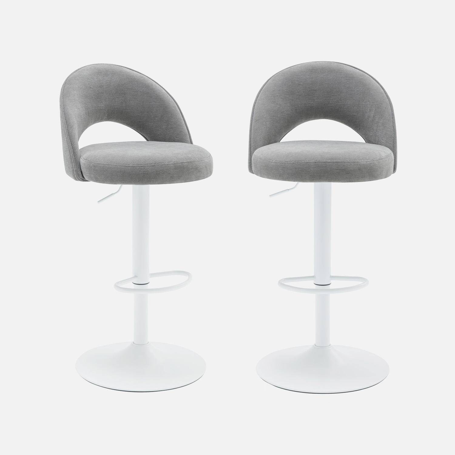 Lot de deux tabourets de bar ajustables métal et tissu gris clair, pied blanc - L 49 x P 49 x H 88,5-110cm - Abby Photo1