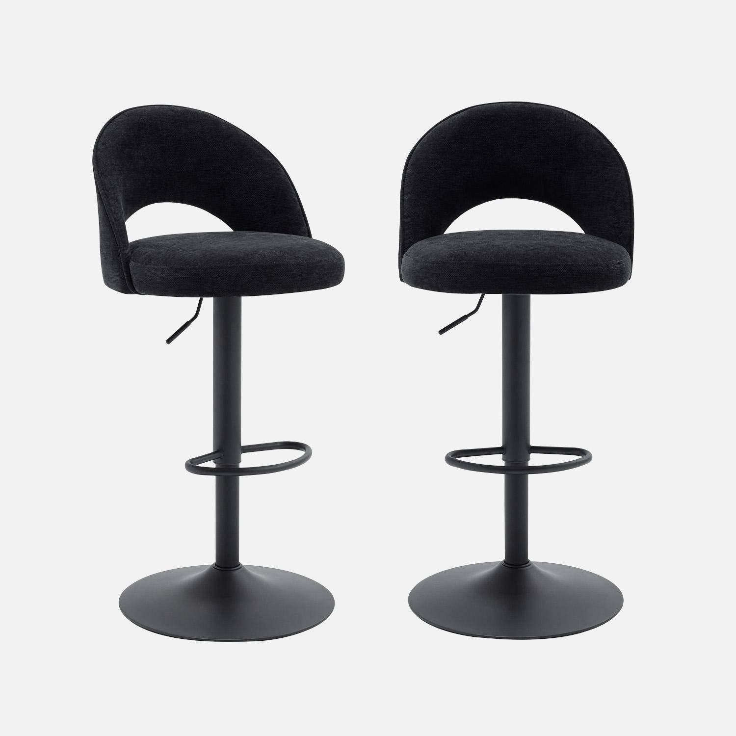 Lot de deux tabourets de bar ajustables métal et tissu noir, pied noir - L 49 x P 49 x H 88,5-110cm - Abby Photo1