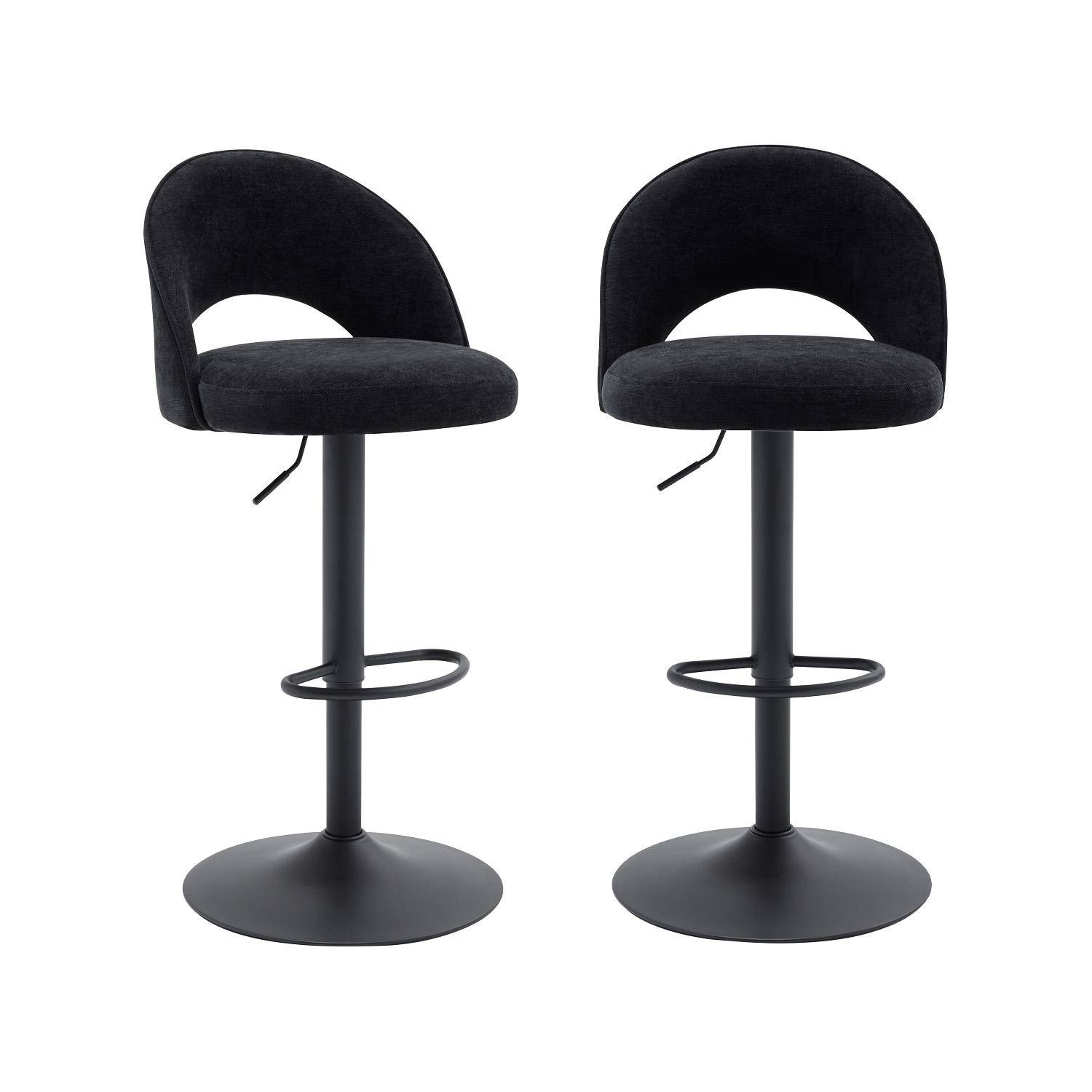 Lot de deux tabourets de bar ajustables métal et tissu noir, pied noir - L 49 x P 49 x H 88,5-110cm - Abby Photo1