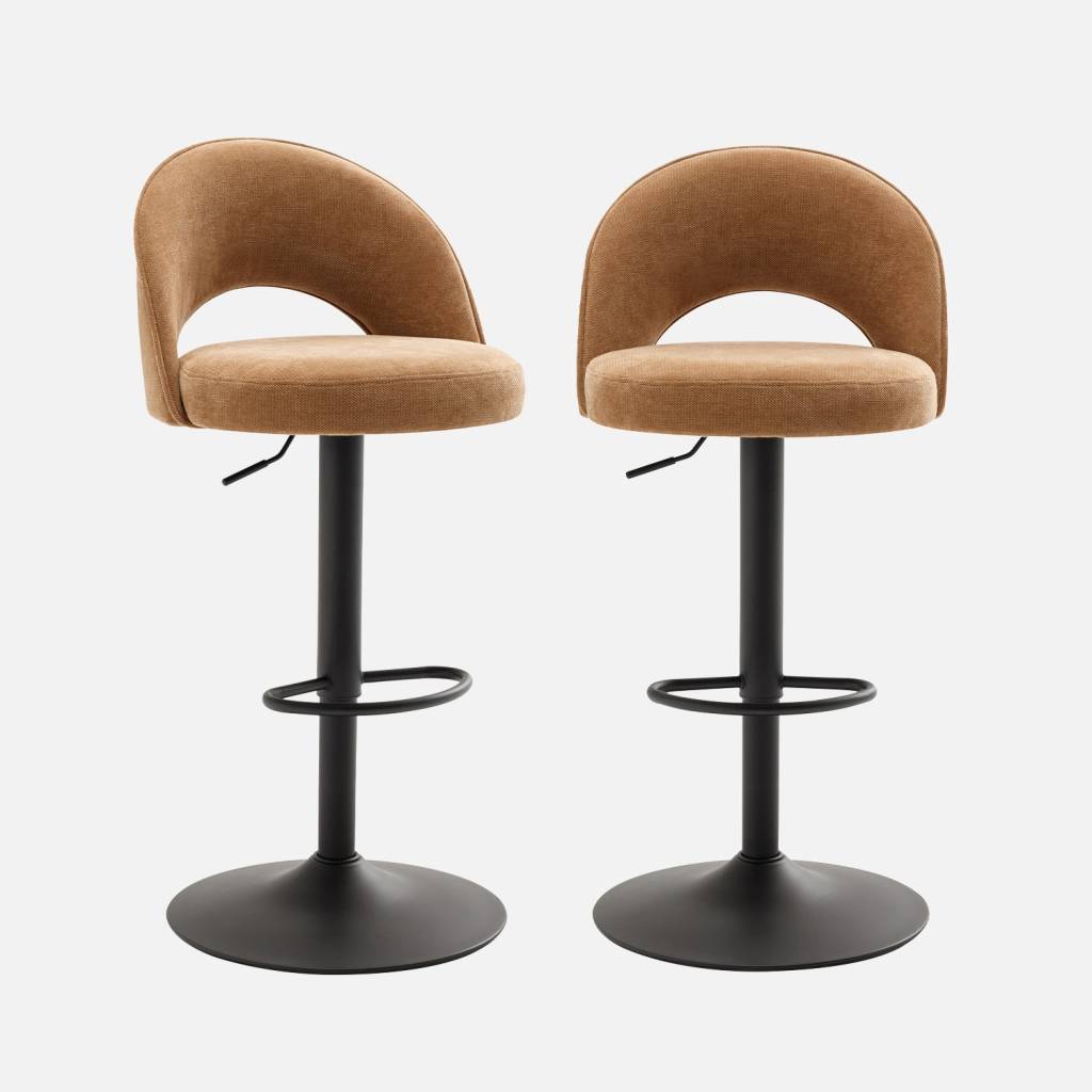 Set di 2 sgabelli da bar regolabile in metallo e tessuto con base nera, Camel