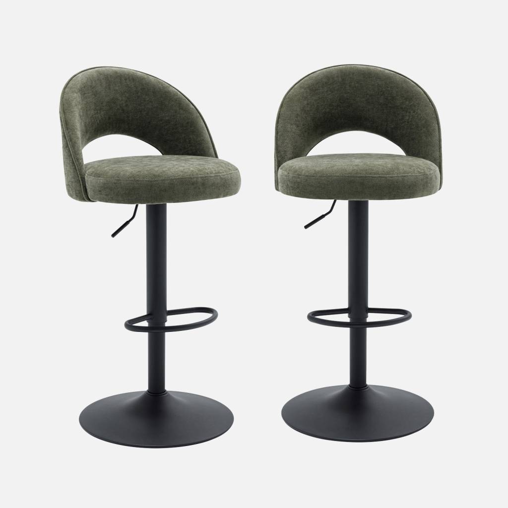 Set di 2 sgabelli da bar regolabile in metallo e tessuto con base nera, Verde kaki