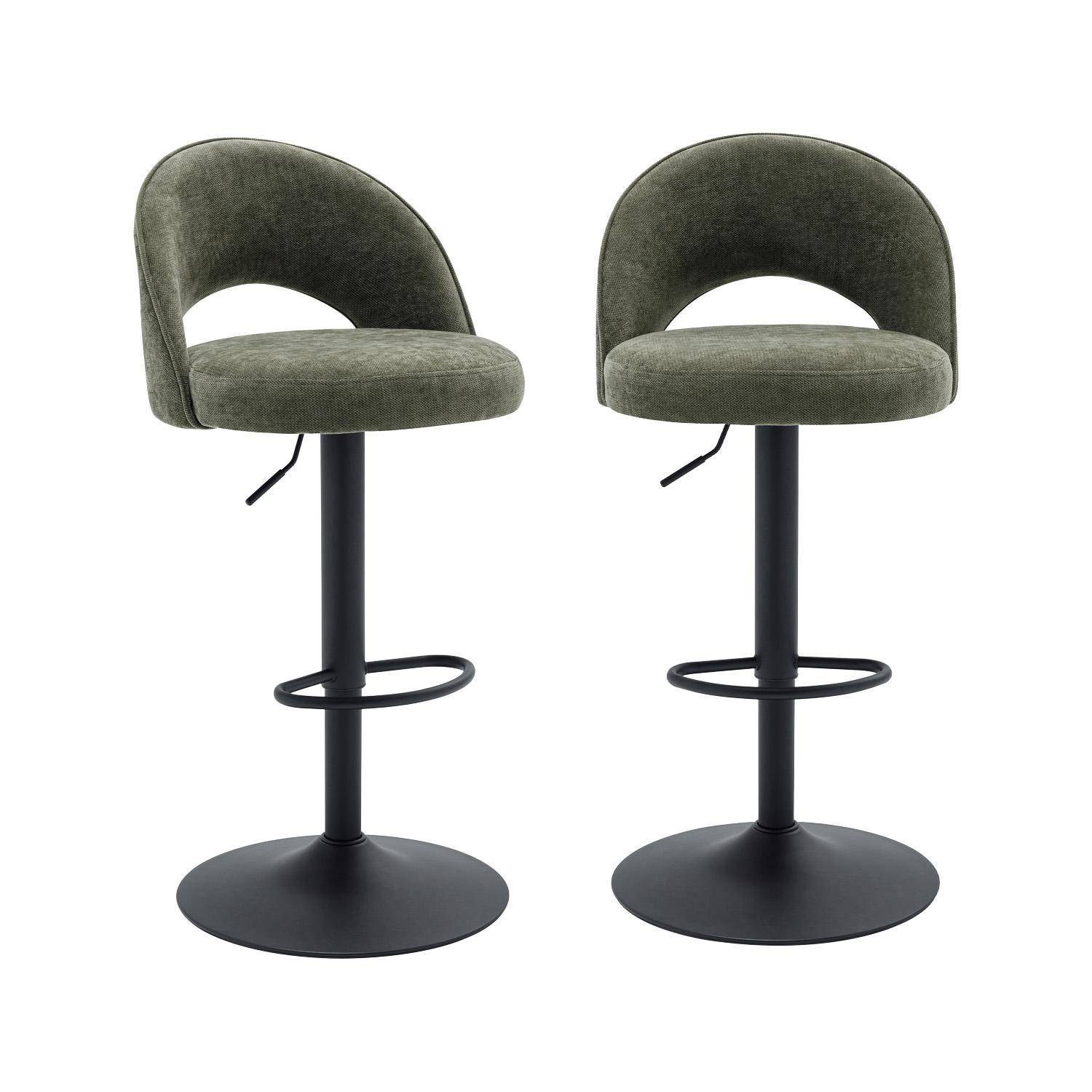Lot de deux tabourets de bar ajustables métal et tissu kaki, pied noir - L 49 x P 49 x H 88,5-110cm - Abby,sweeek,Photo1