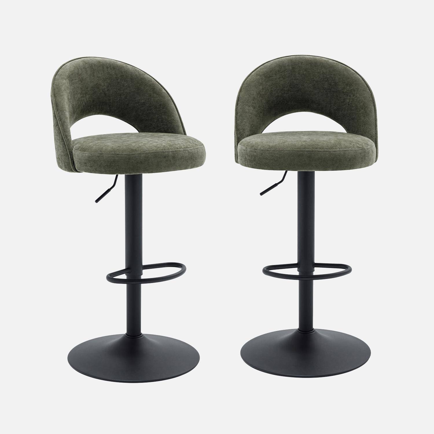 Lot de deux tabourets de bar ajustables métal et tissu kaki, pied noir - L 49 x P 49 x H 88,5-110cm - Abby Photo1
