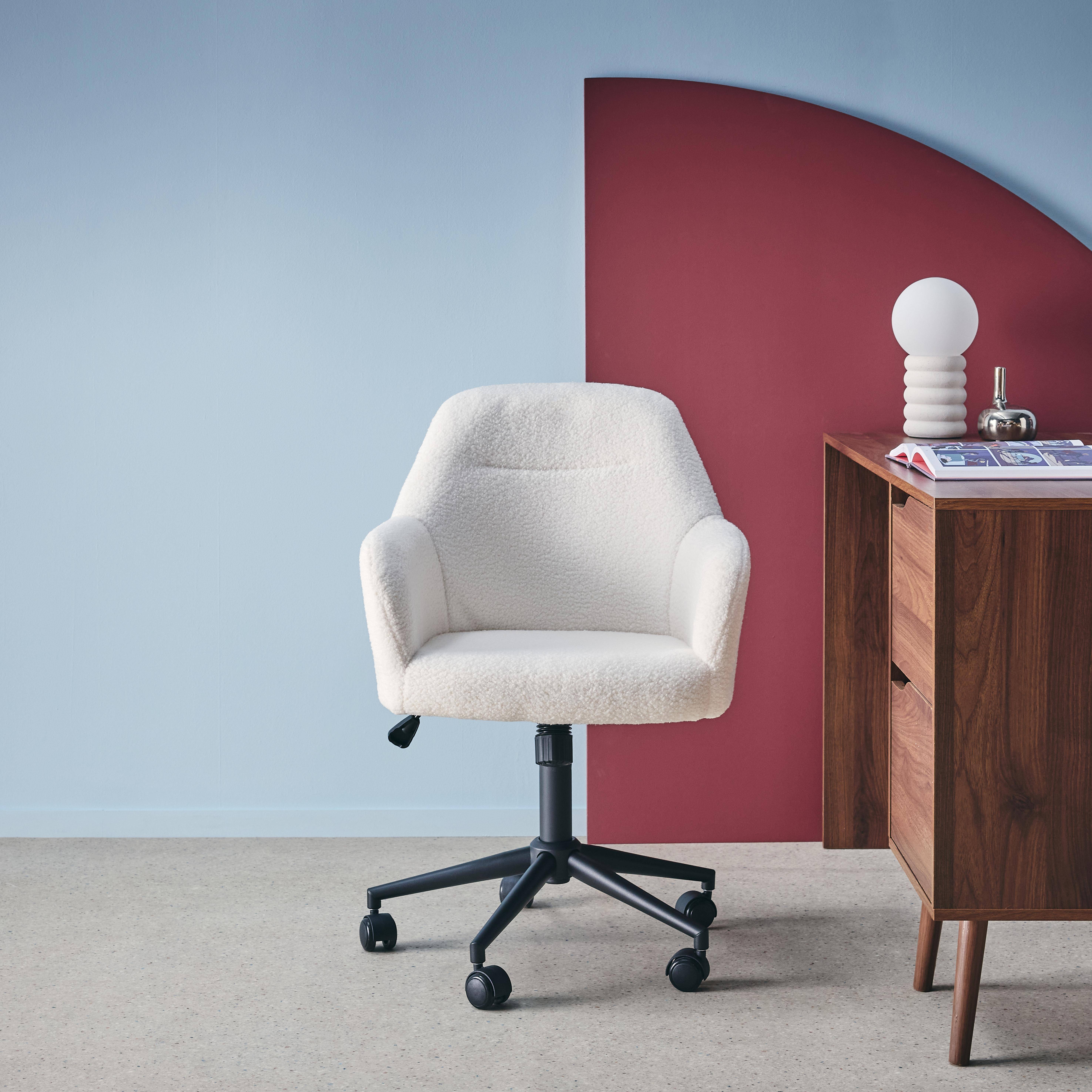 Silla de oficina con ruedas ajustable de metal y borreguito, Stan, Blanco, 57x57x94.5 cm Photo2