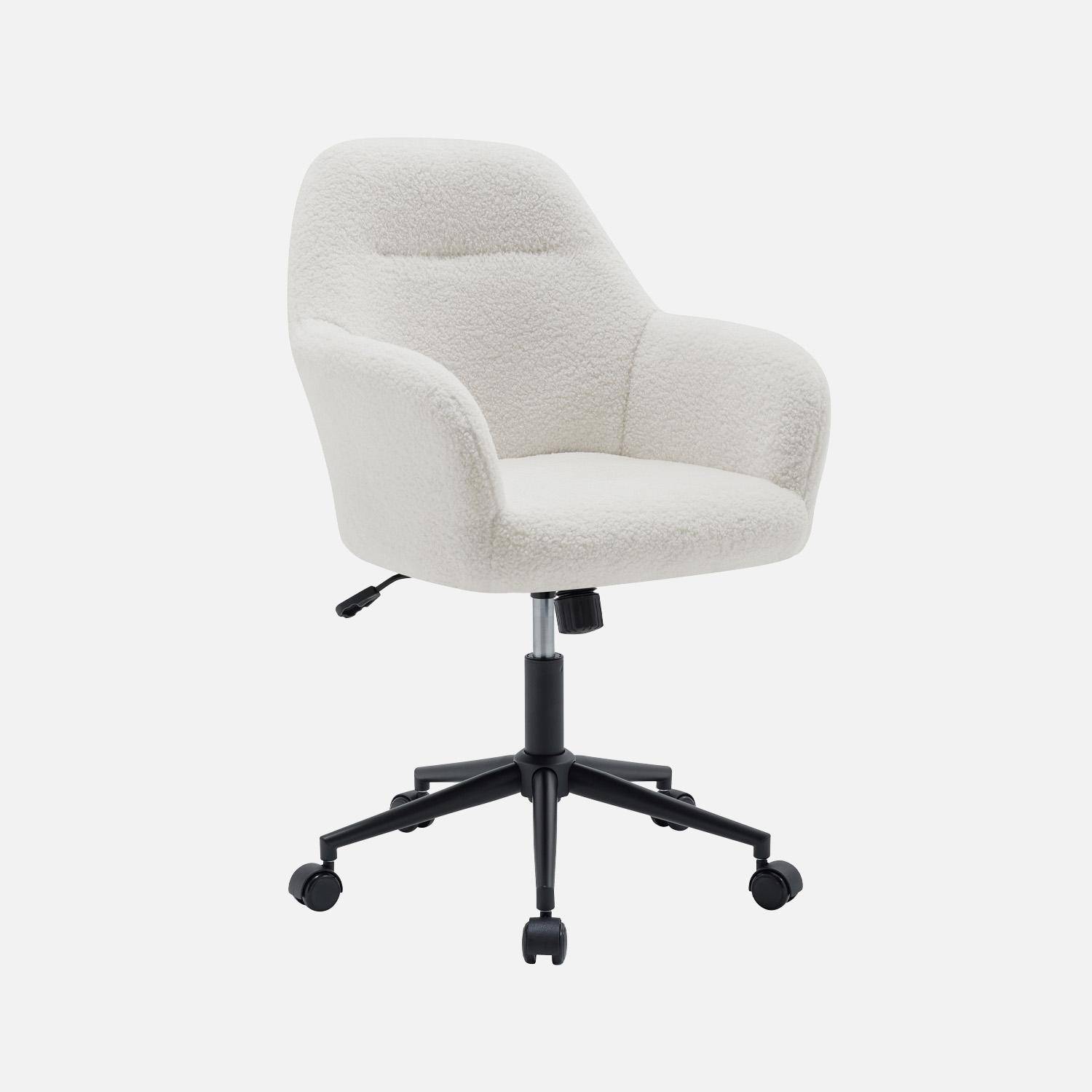 Silla de oficina con ruedas ajustable de metal y borreguito, Stan, Blanco, 57x57x94.5 cm Photo1