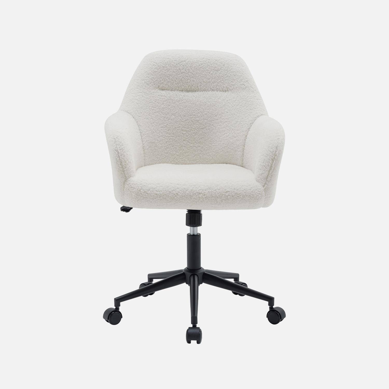 Silla de oficina con ruedas ajustable de metal y borreguito, Stan, Blanco, 57x57x94.5 cm Photo2