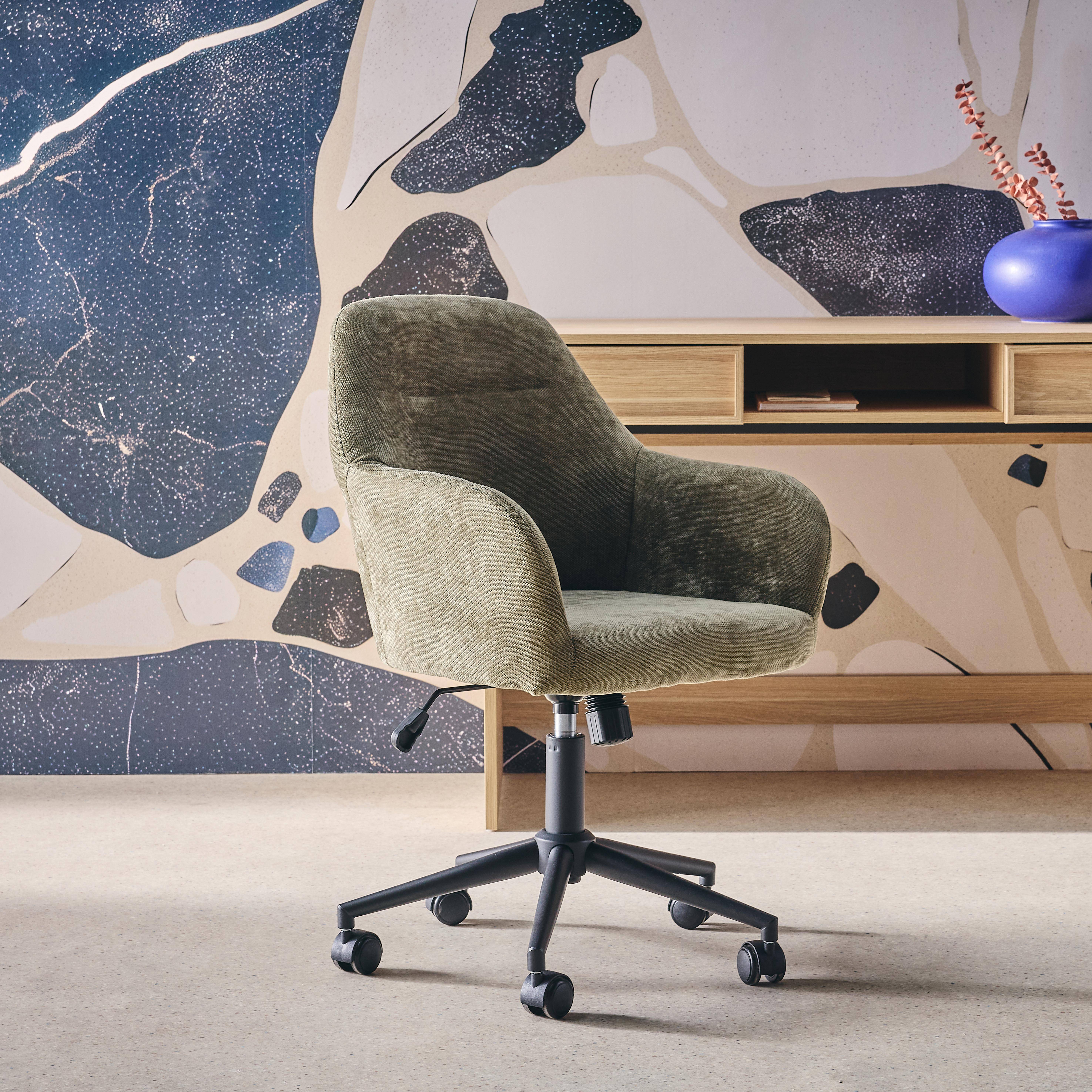 Silla de oficina con ruedas ajustable metal y tela, Stan, Verde kaki, 57x57x94.5 cm,sweeek,Photo2