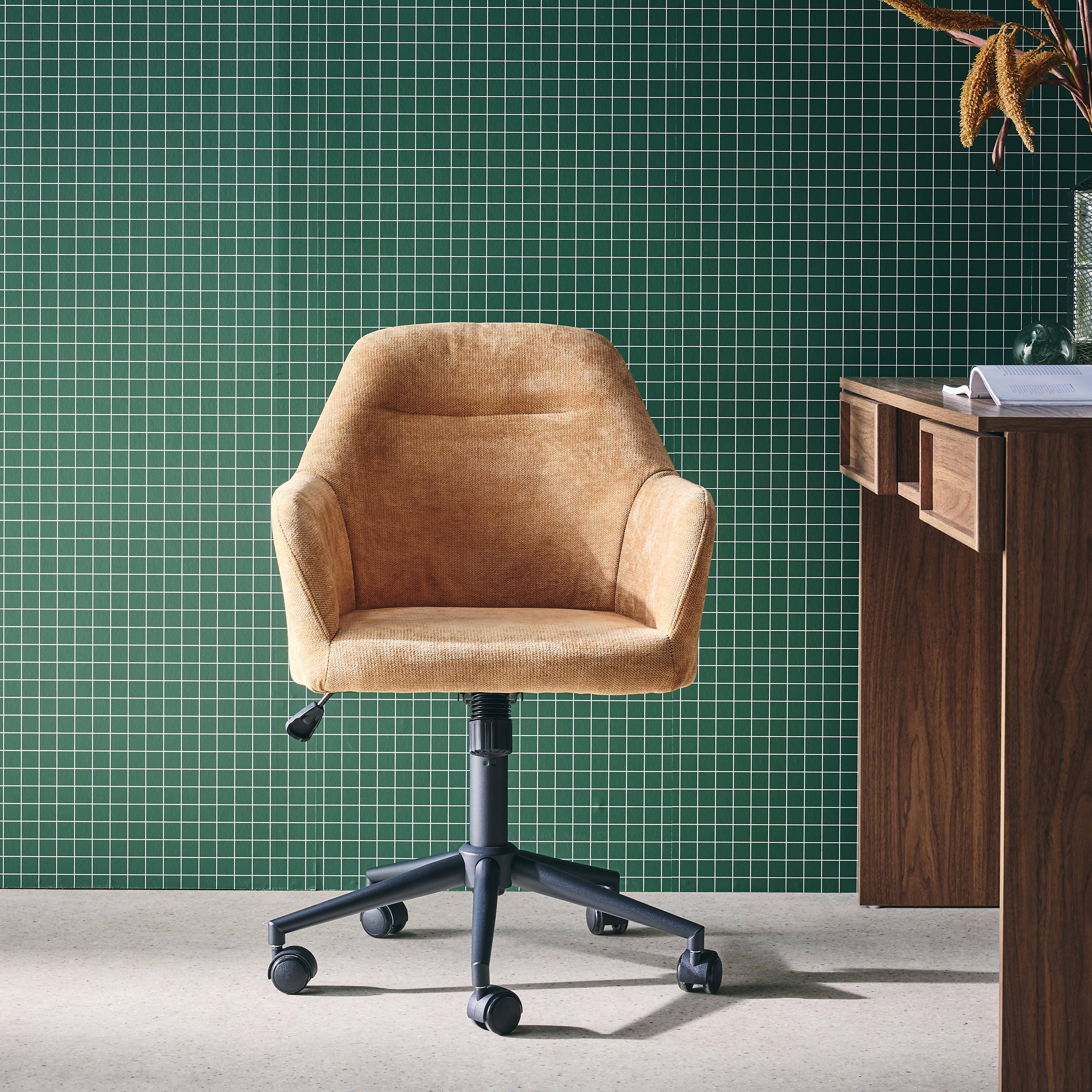 Silla de oficina con ruedas ajustable metal y tela, Stan, Camel, 57x57x94.5 cm Photo2