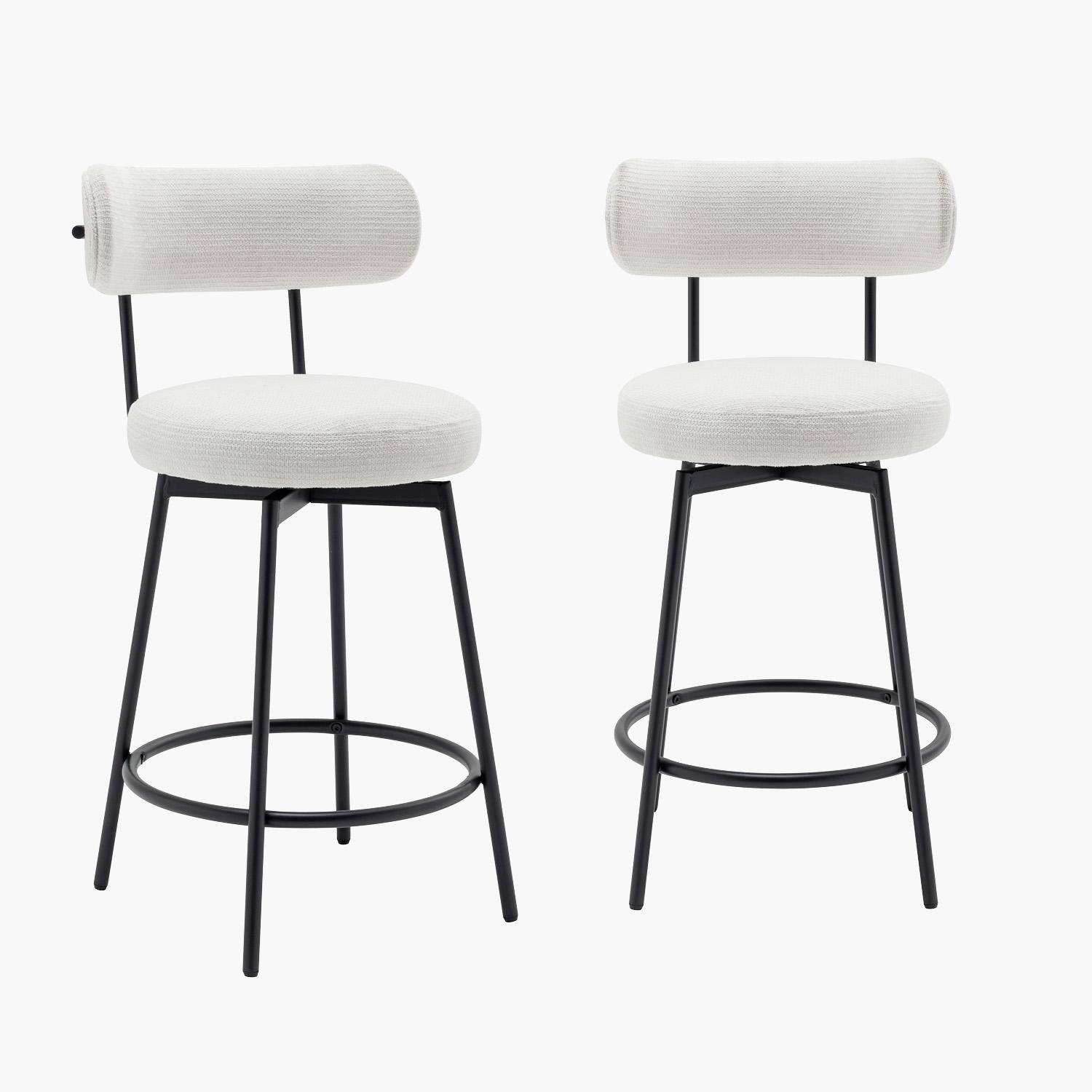 Lot de deux tabourets de bar assise rotative métal noir et tissu blanc - L 50 x P 50 x H 92cm - Iris Photo1